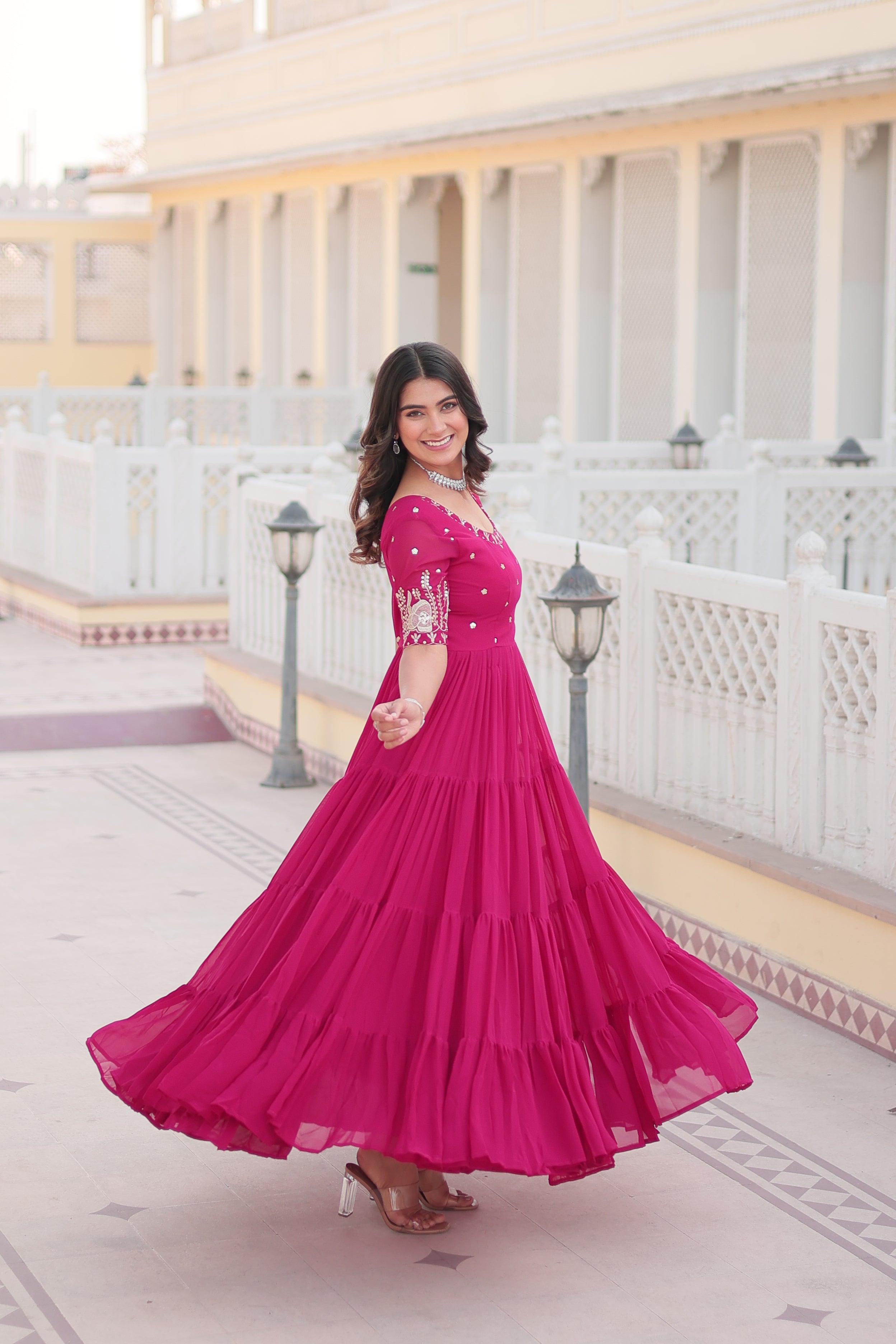 Jyoti Fashion Women's Rani Pink Faux Blooming Sequins with Zari Embroidered Long Anarkali Dress