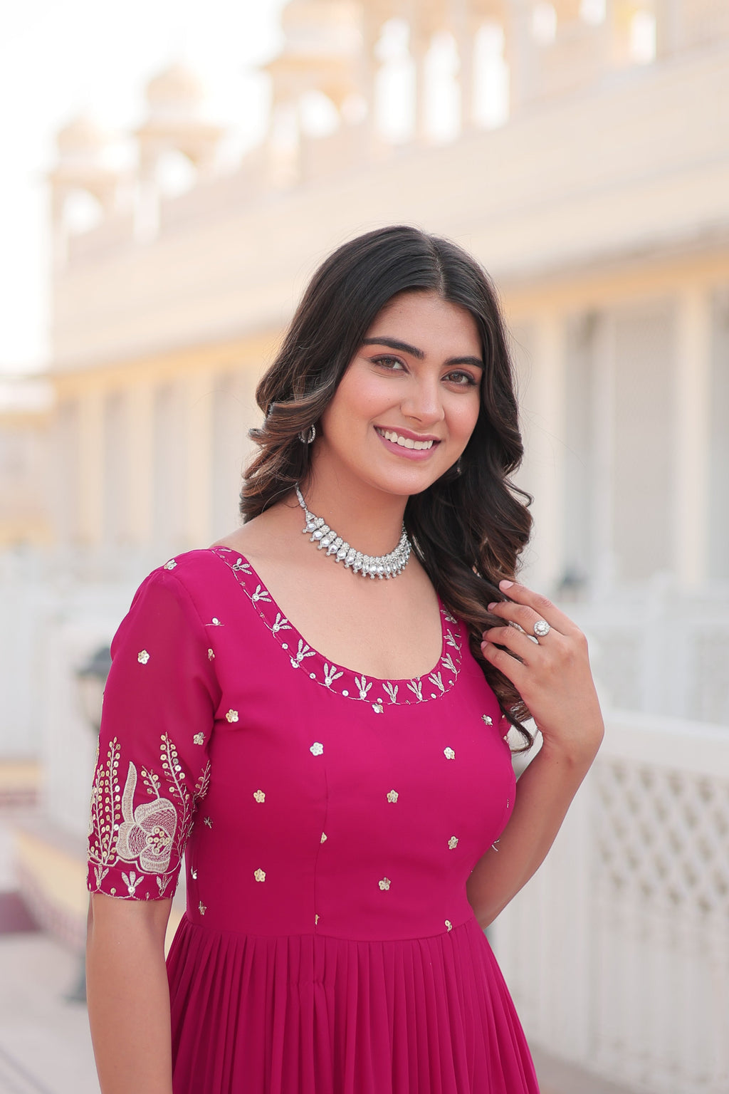 Jyoti Fashion Women's Rani Pink Faux Blooming Sequins with Zari Embroidered Long Anarkali Dress