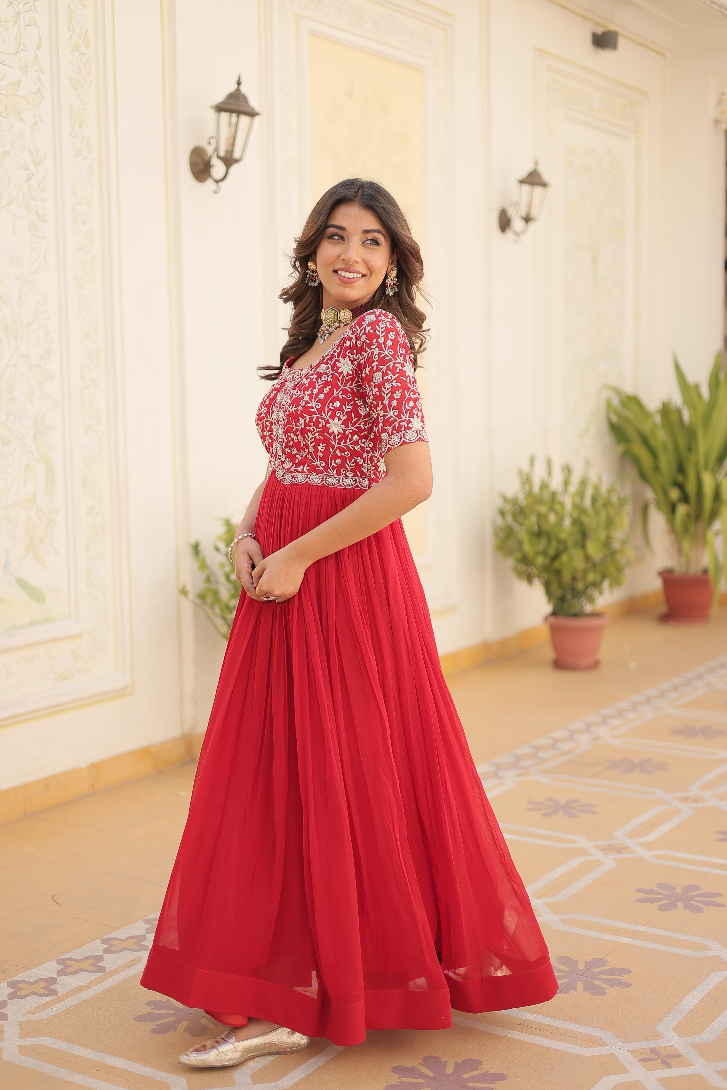 Jyoti Fashion Women's Red Faux Blooming Sequins with Zari Embroidered Long Anarkali Dress