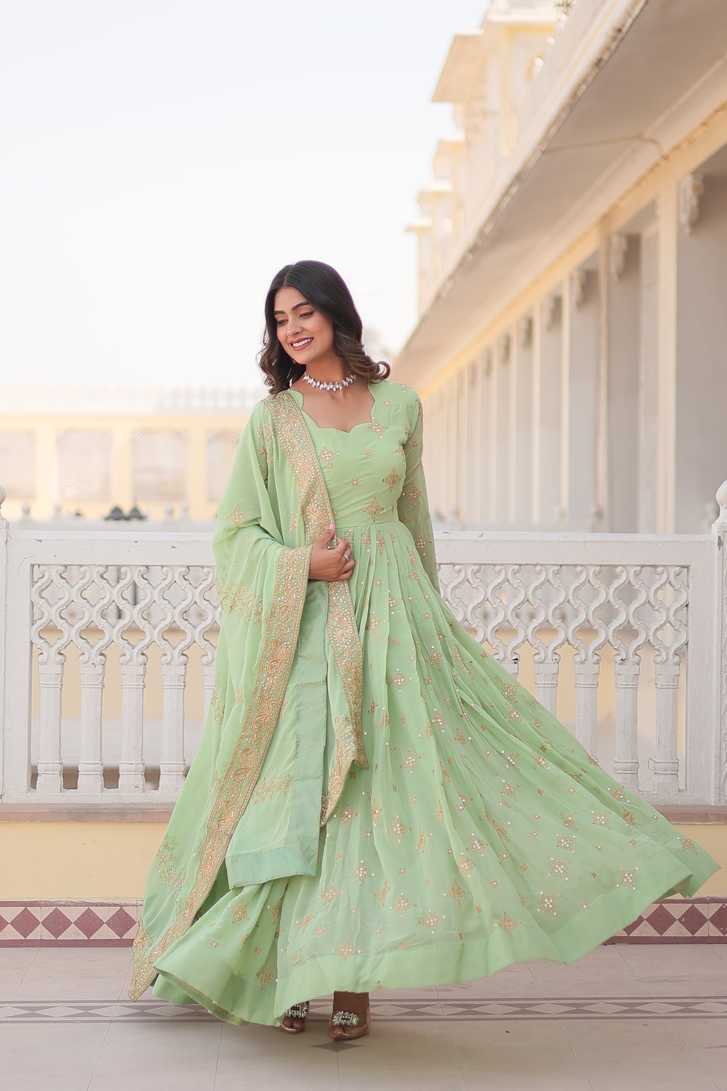 Jyoti Fashion Women's Pista Green Faux Georgette Sequins with Zari Embroidered Anarkali Kurta with Dupatta