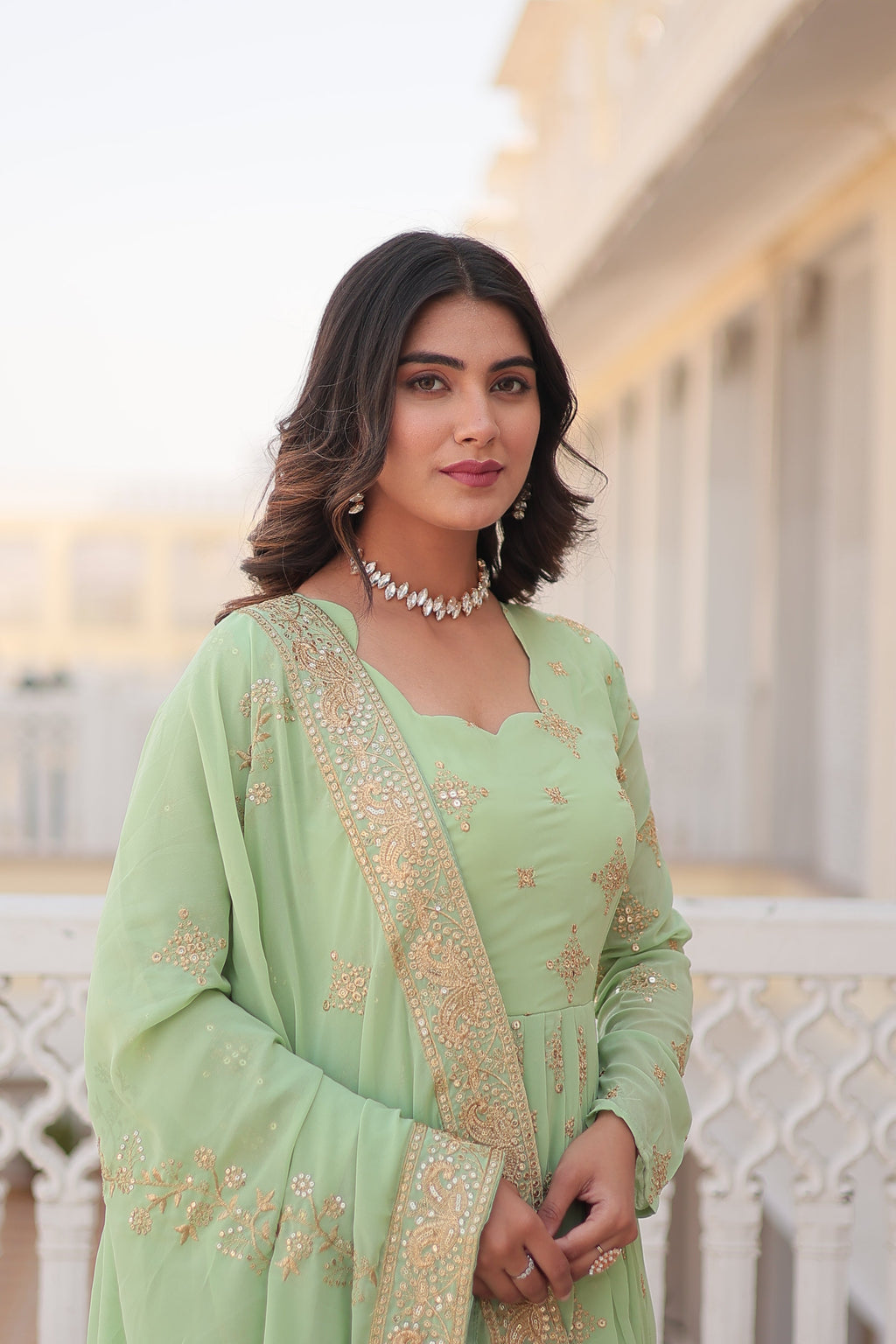 Jyoti Fashion Women's Pista Green Faux Georgette Sequins with Zari Embroidered Anarkali Kurta with Dupatta