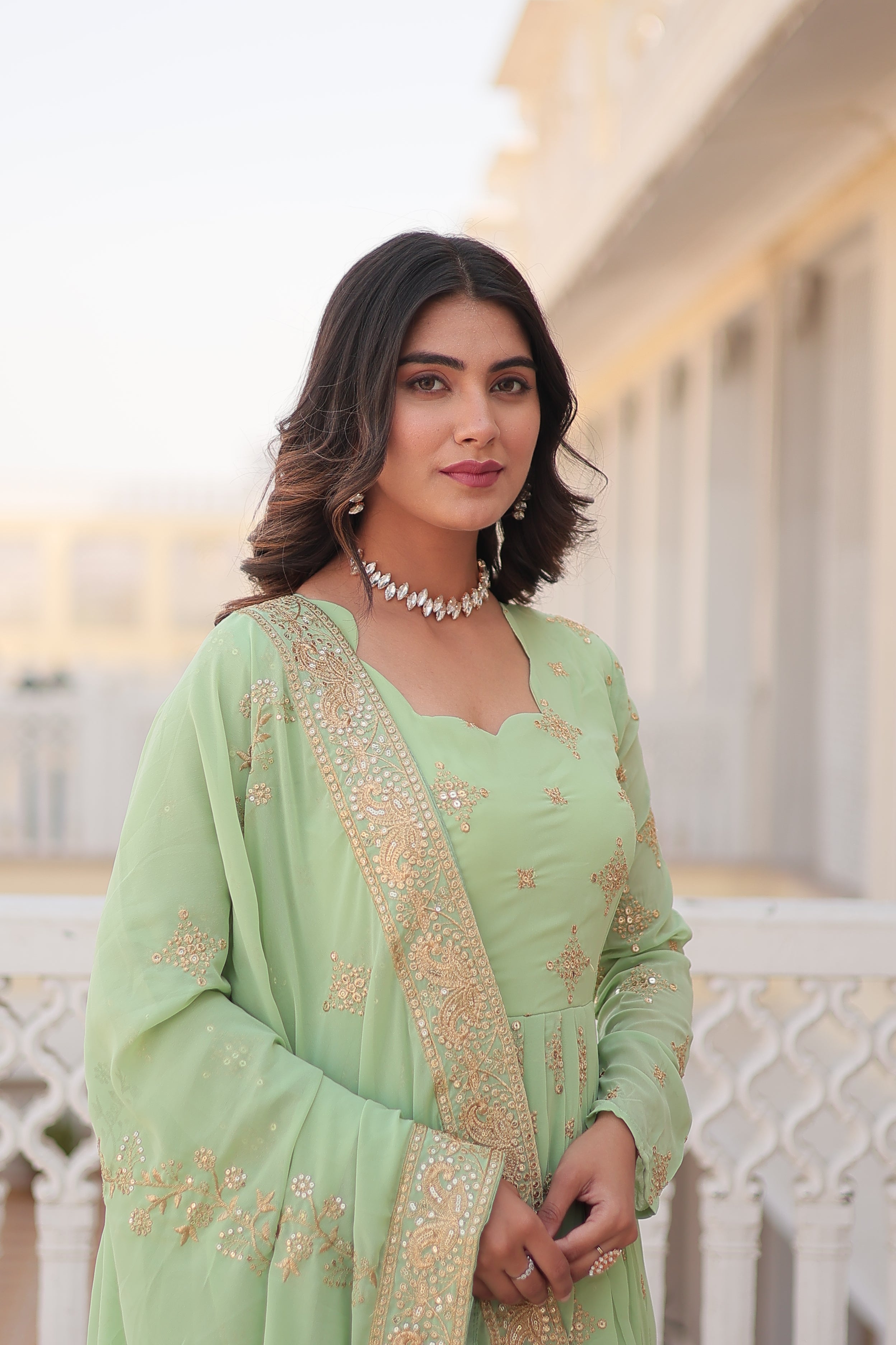 Jyoti Fashion Women's Pista Green Faux Georgette Sequins with Zari Embroidered Anarkali Kurta with Dupatta