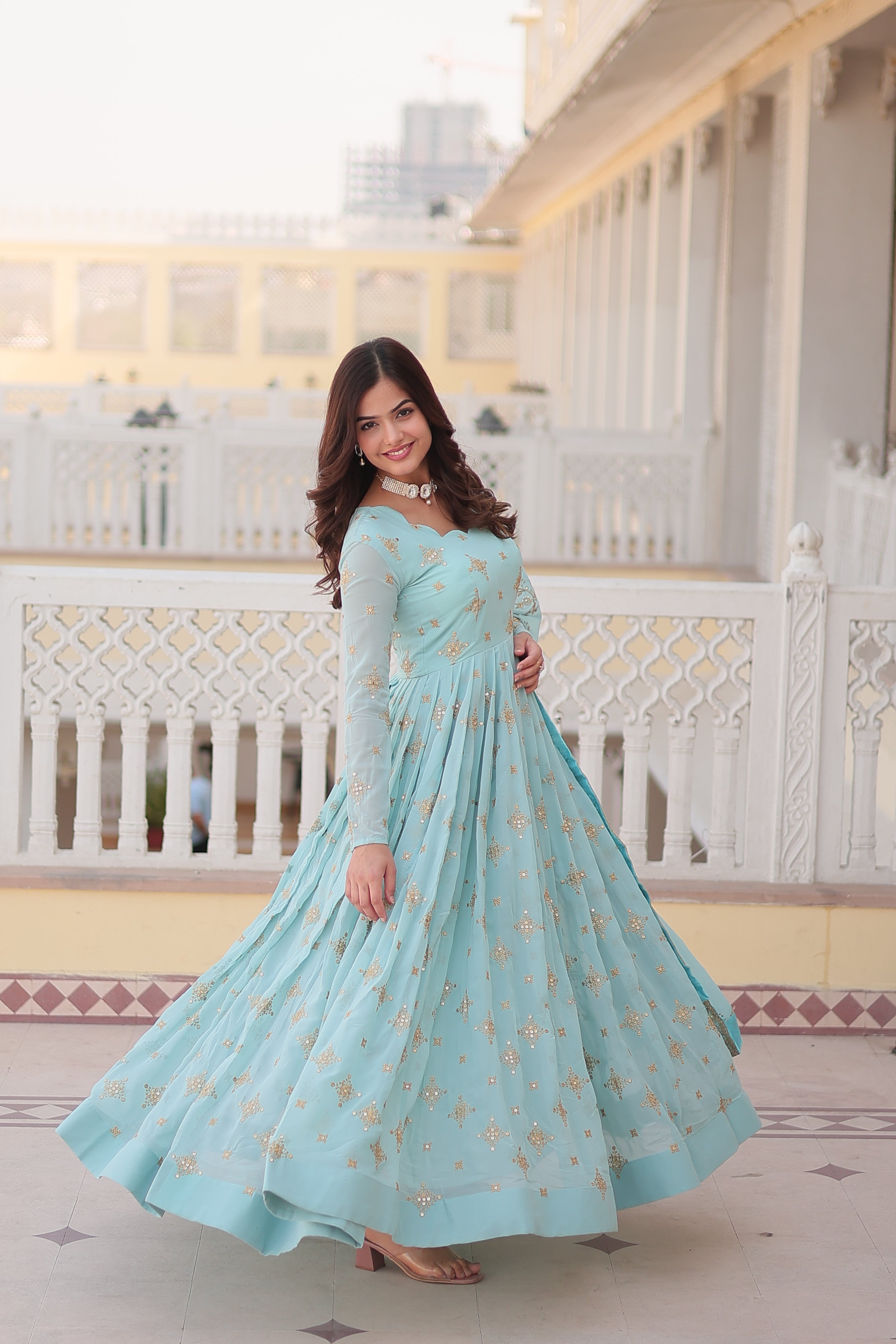 Jyoti Fashion Women's Sky Blue Faux Georgette Sequins with Zari Embroidered Anarkali Kurta with Dupatta