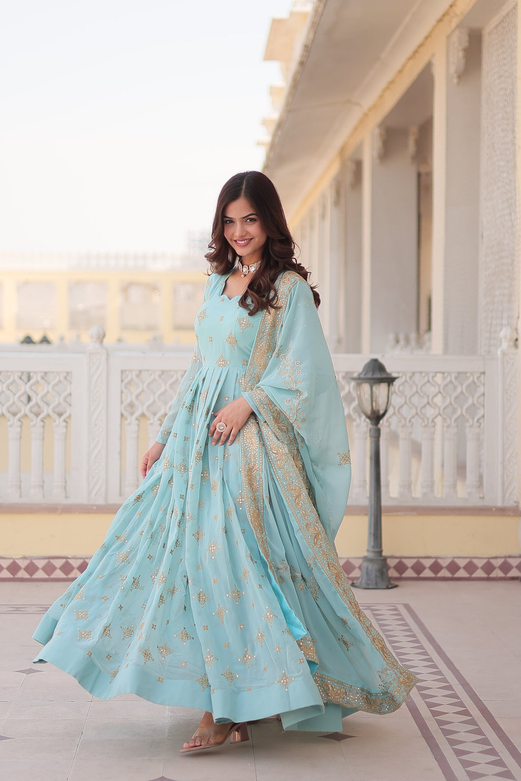 Jyoti Fashion Women's Sky Blue Faux Georgette Sequins with Zari Embroidered Anarkali Kurta with Dupatta