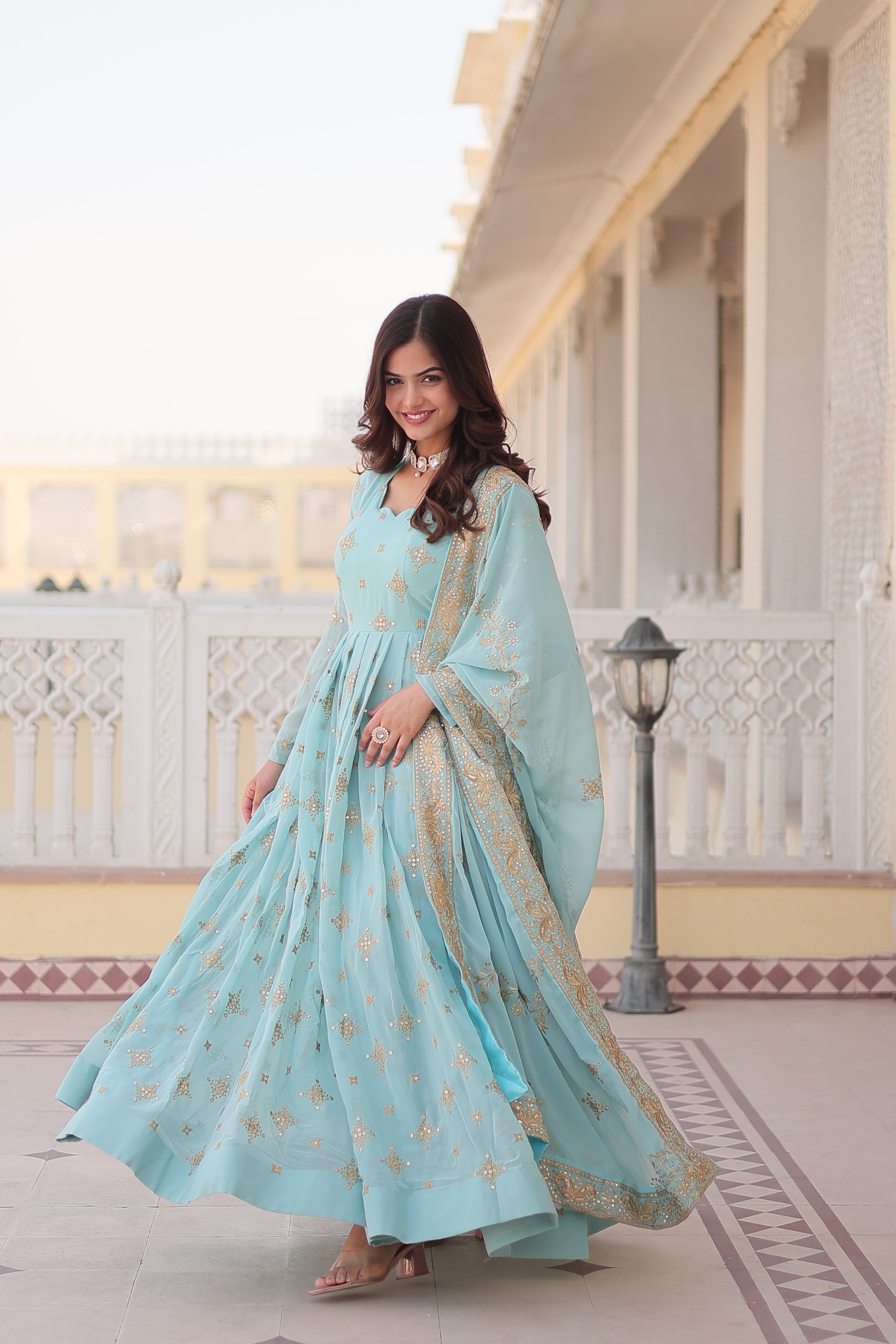 Jyoti Fashion Women's Sky Blue Faux Georgette Sequins with Zari Embroidered Anarkali Kurta with Dupatta