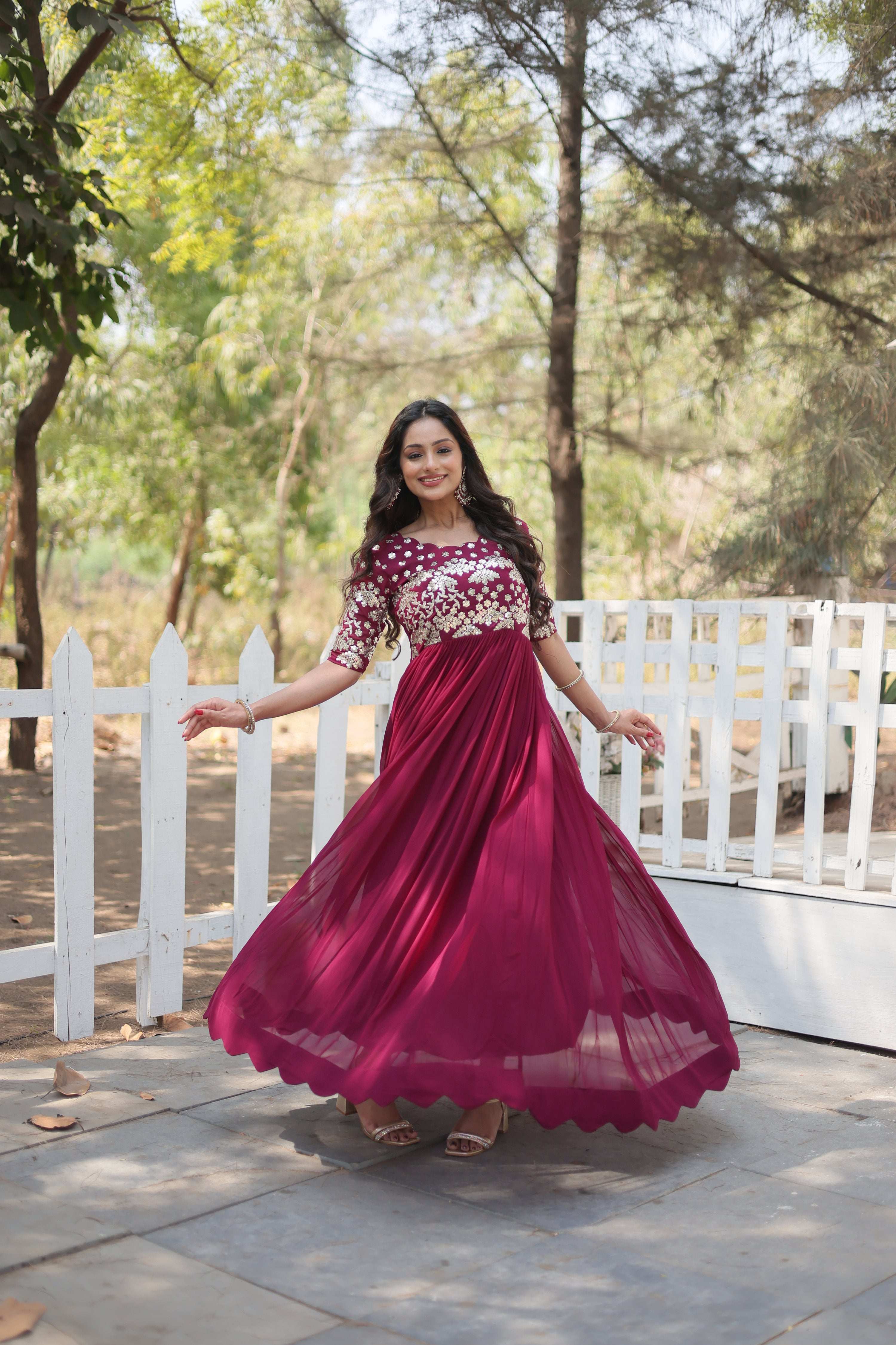 Jyoti Fashion Women's Wine Faux Blooming Sequins with Zari Embroidered Long Anarkali Dress
