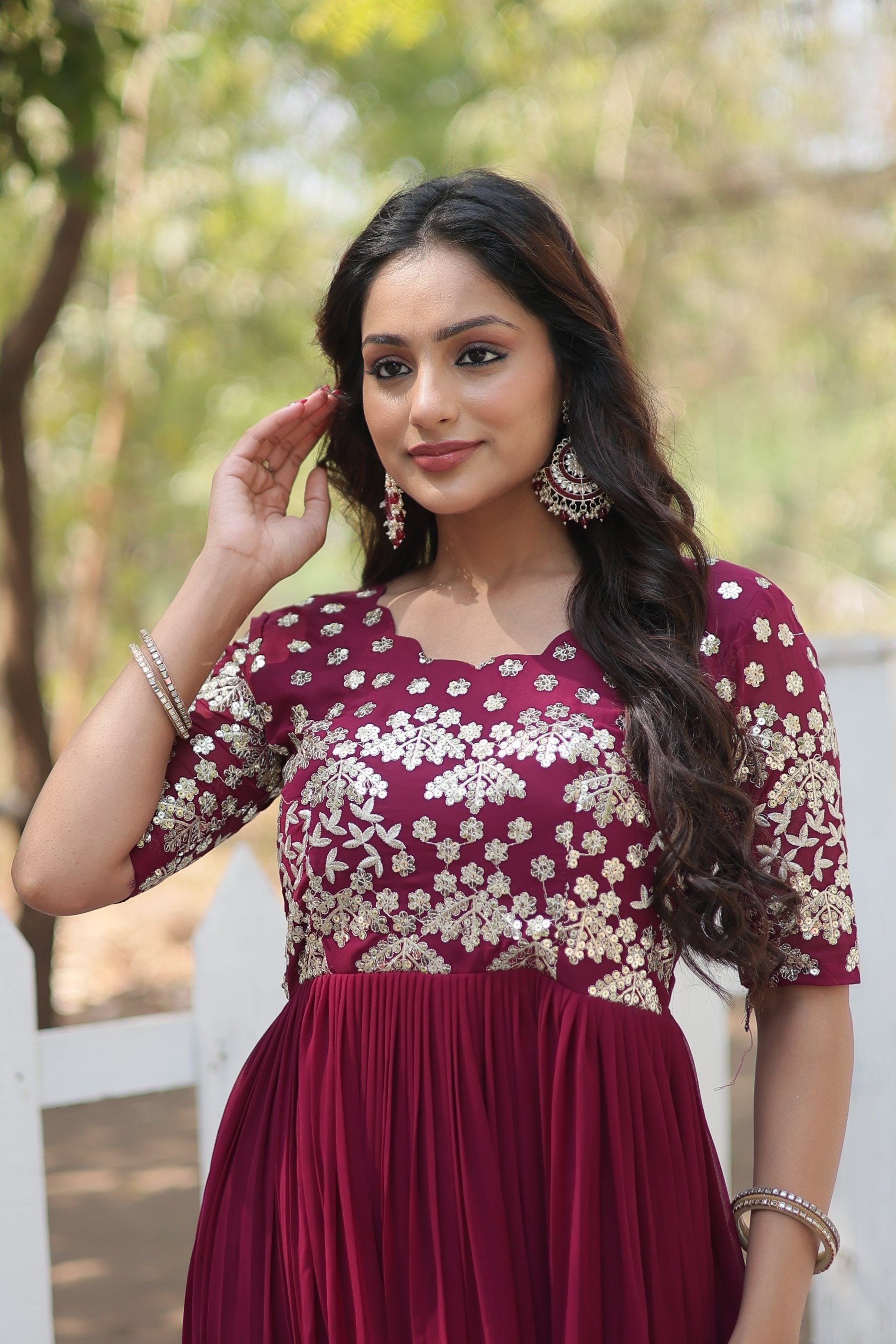 Jyoti Fashion Women's Wine Faux Blooming Sequins with Zari Embroidered Long Anarkali Dress