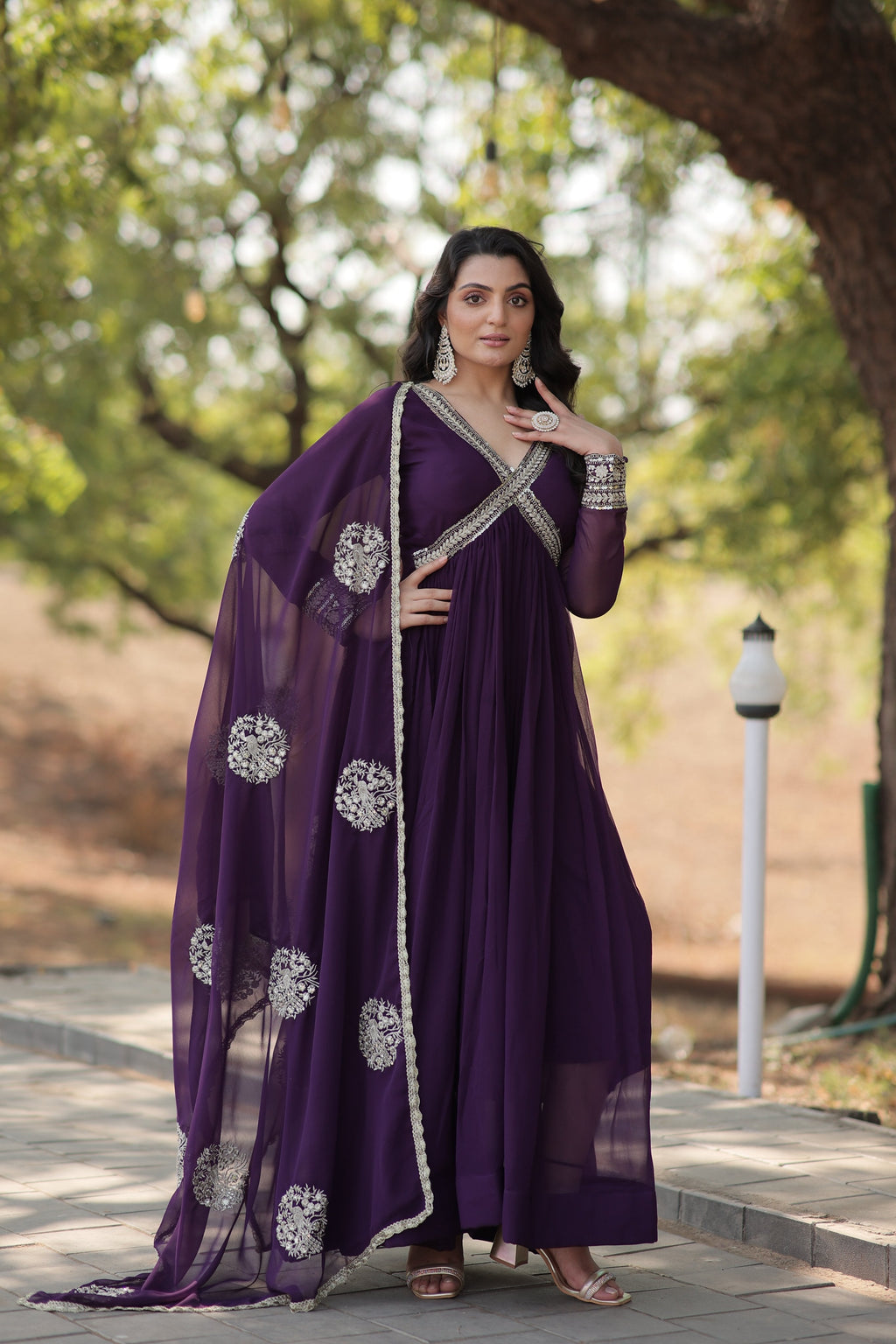 Jyoti Fashion Women's Purple Faux Blooming Sequins with Zari Embroidered Anarkali Kurta with Dupatta