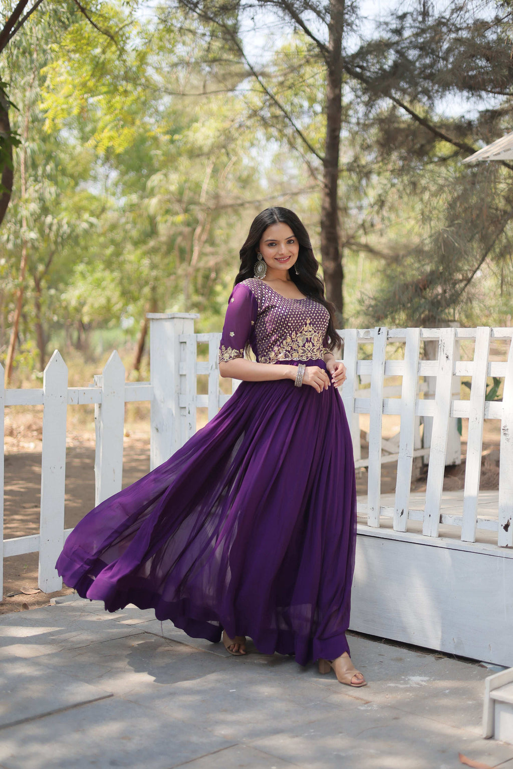 Jyoti Fashion Women's Purple Faux Blooming Sequins with Zari Embroidered Long Anarkali Dress