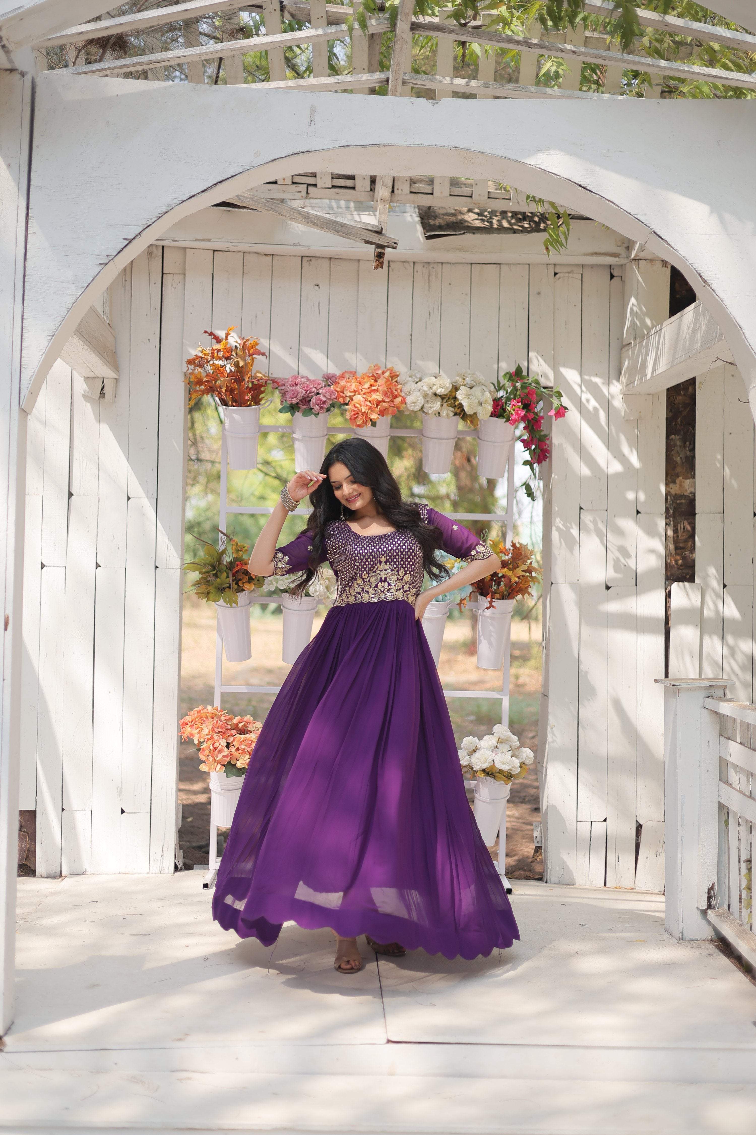 Jyoti Fashion Women's Purple Faux Blooming Sequins with Zari Embroidered Long Anarkali Dress