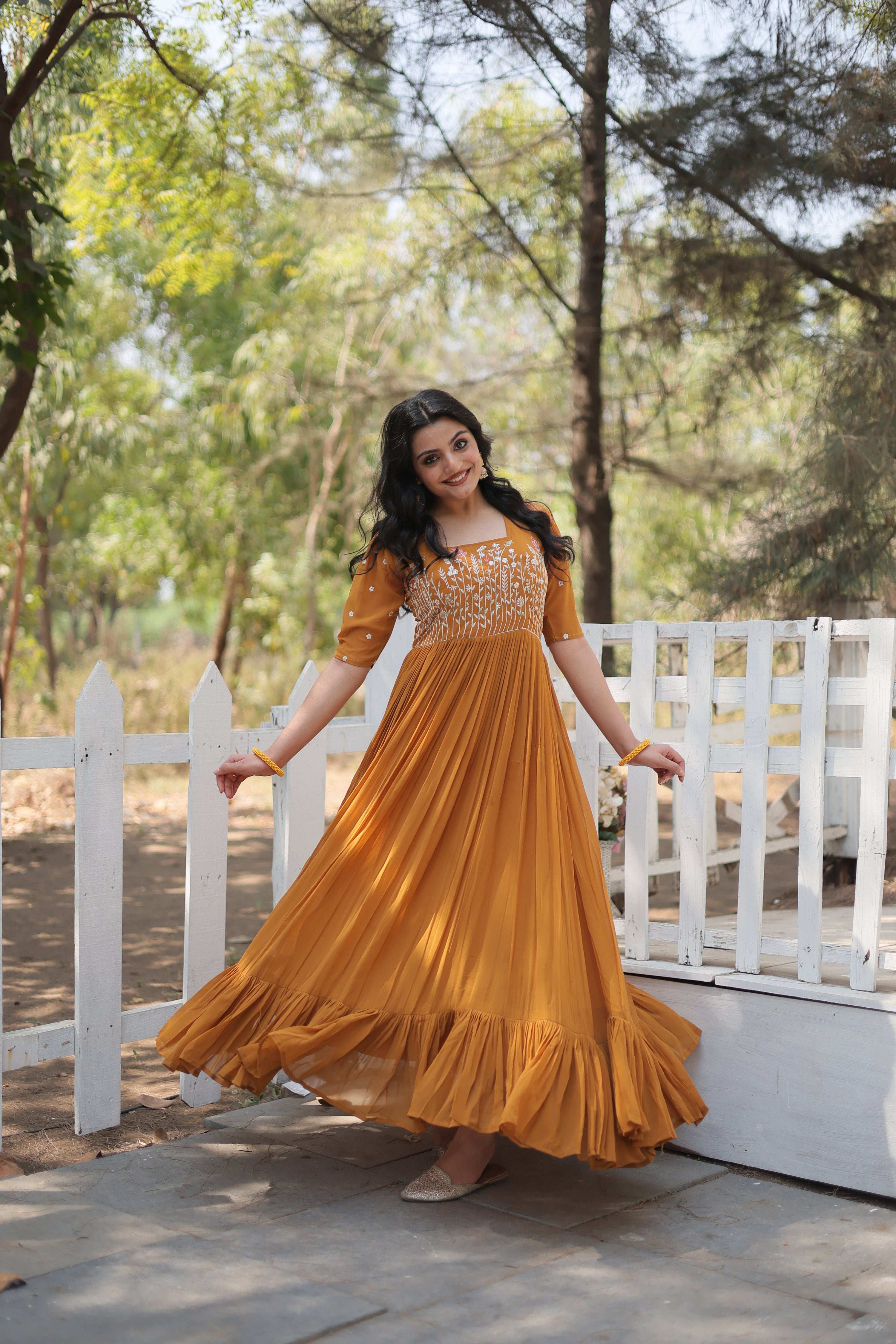 Jyoti Fashion Women's Mustard Faux Georgette Sequins with Zari Embroidered Long Anarkali Dress