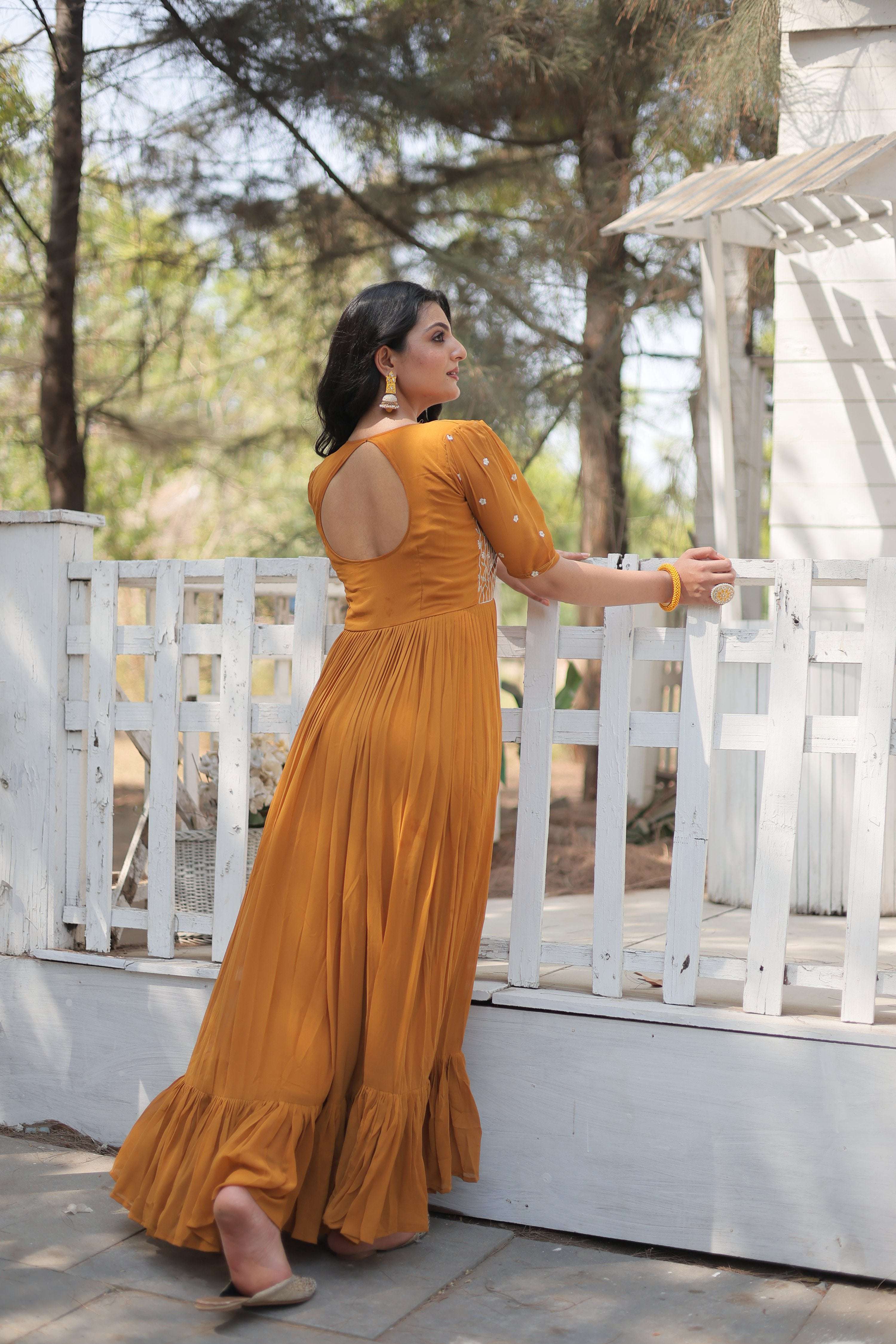 Jyoti Fashion Women's Mustard Faux Georgette Sequins with Zari Embroidered Long Anarkali Dress