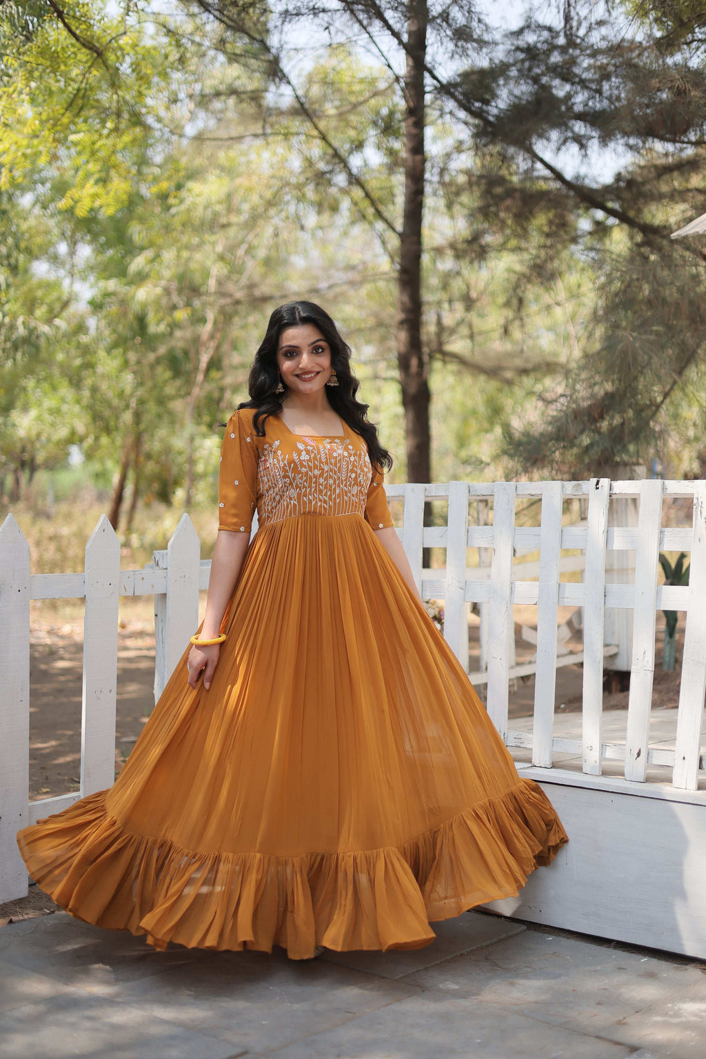 Jyoti Fashion Women's Mustard Faux Georgette Sequins with Zari Embroidered Long Anarkali Dress