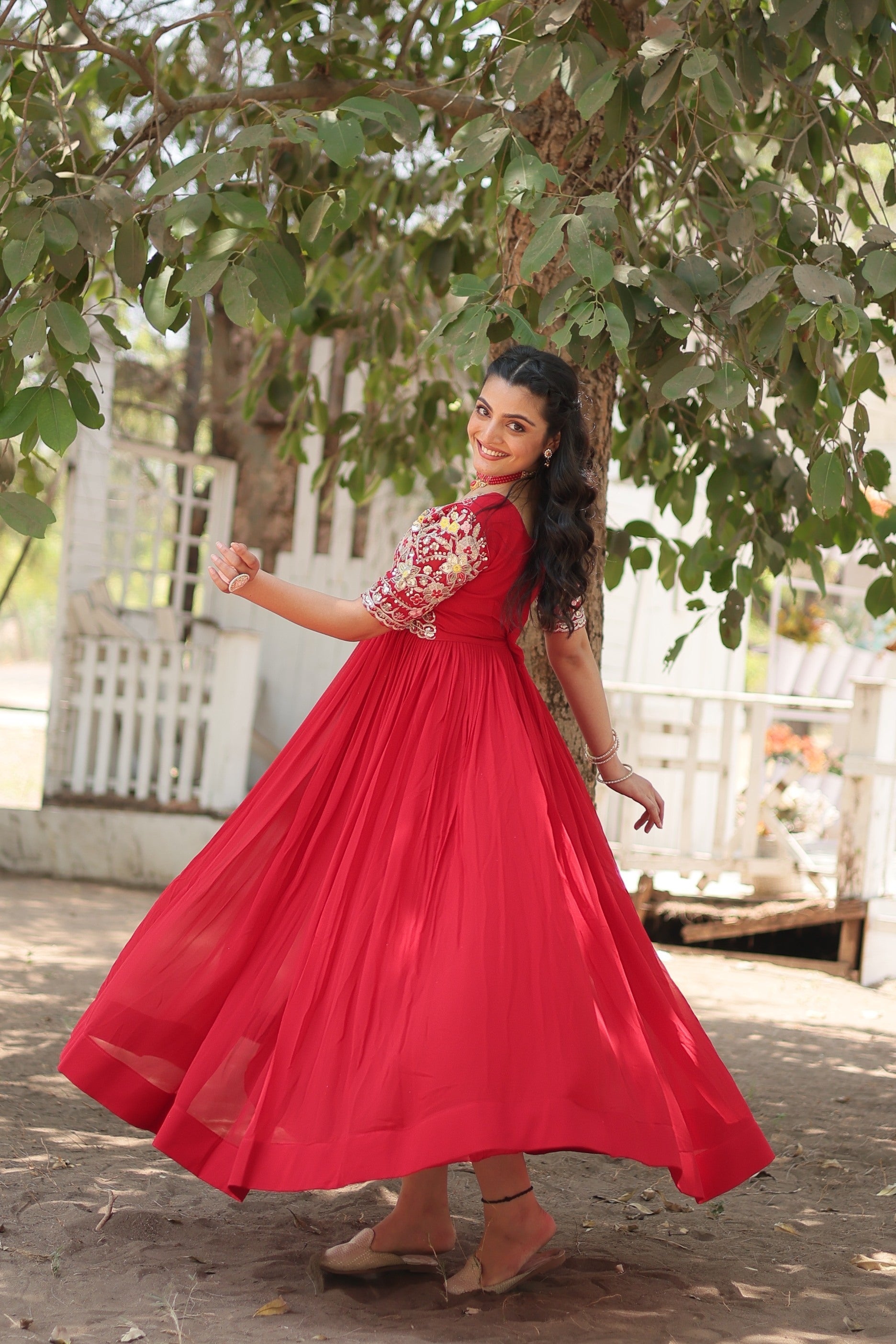 Jyoti Fashion Women's Red Faux Blooming Sequins with Zari Embroidered Long Anarkali Dress