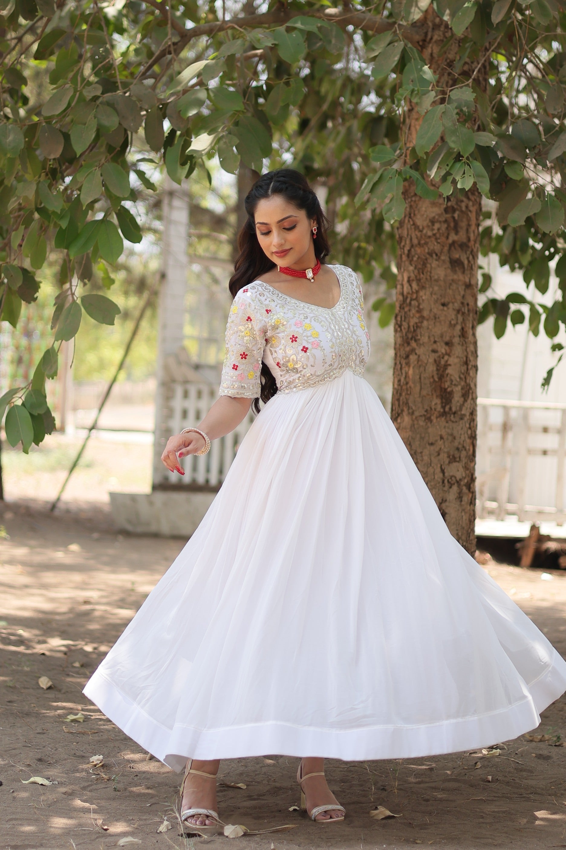 Jyoti Fashion Women's White Faux Blooming Sequins with Zari Embroidered Long Anarkali Dress