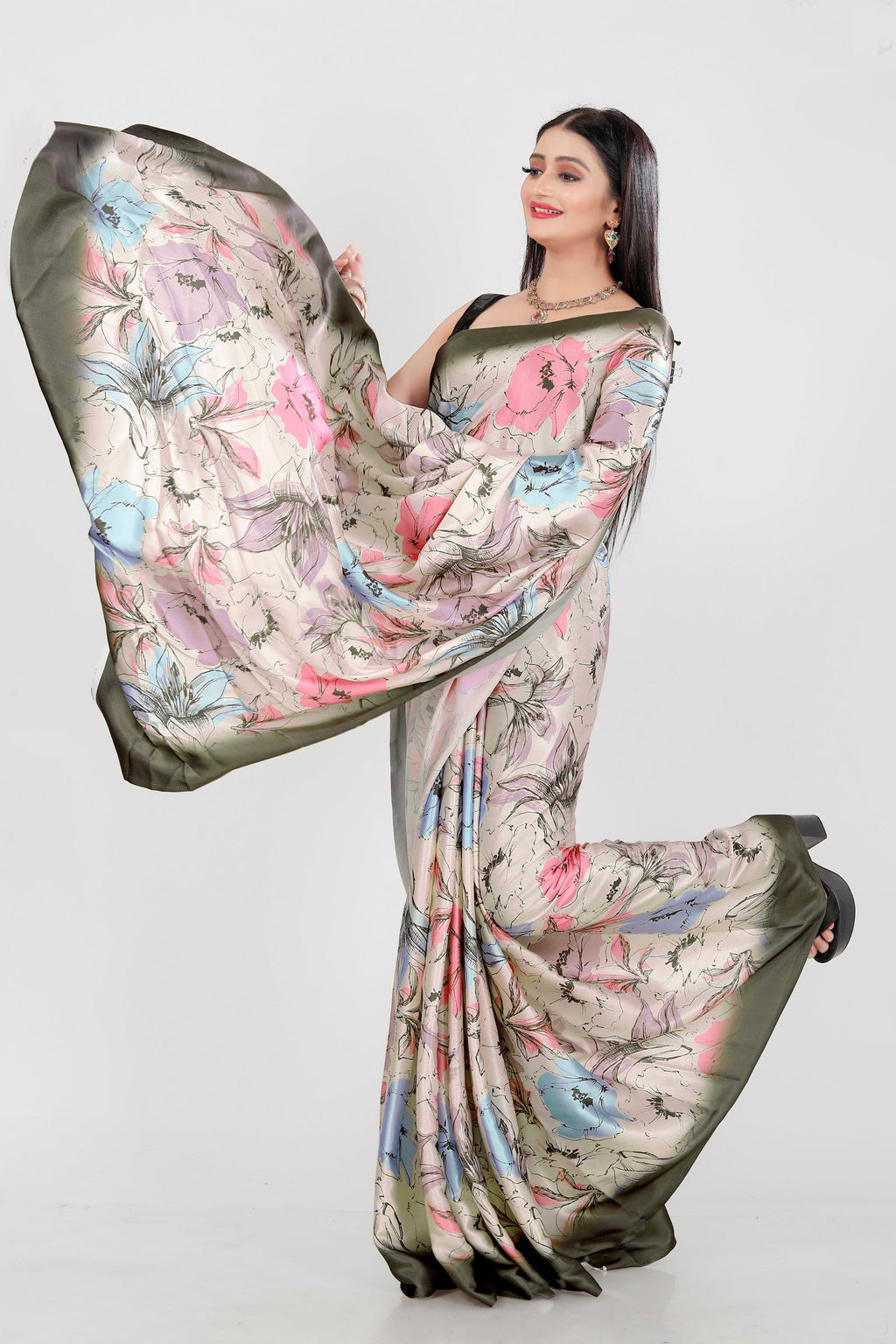 Jyoti Fashion Women's Multicolor Pure Japan Satin Digital Printed Designer Saree with Blouse