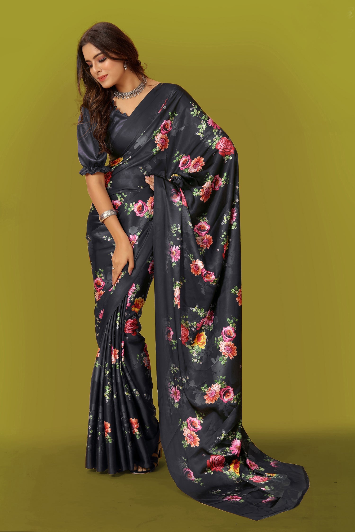 Jyoti Fashion Women's Multicolor Pure Japan Satin Digital Printed Designer Saree with Blouse