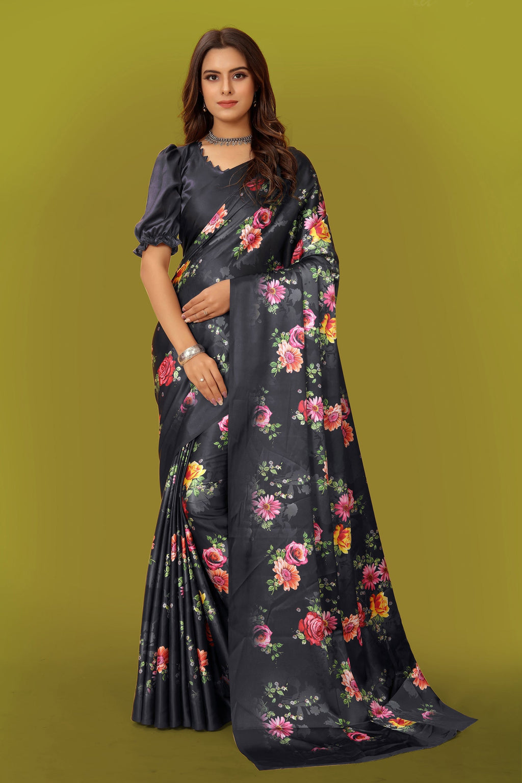 Jyoti Fashion Women's Multicolor Pure Japan Satin Digital Printed Designer Saree with Blouse