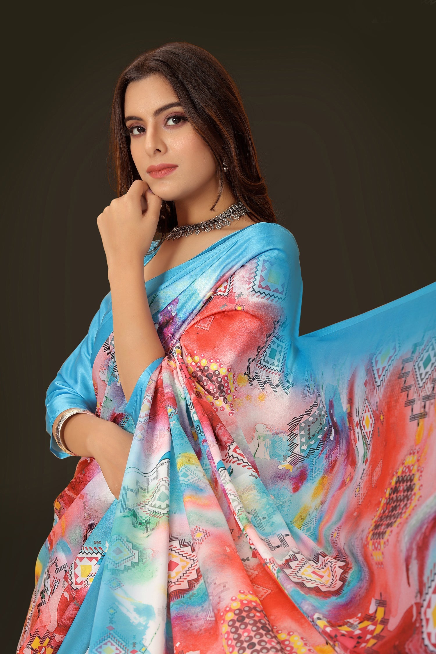 Jyoti Fashion Women's Multicolor Pure Japan Satin Digital Printed Designer Saree with Blouse