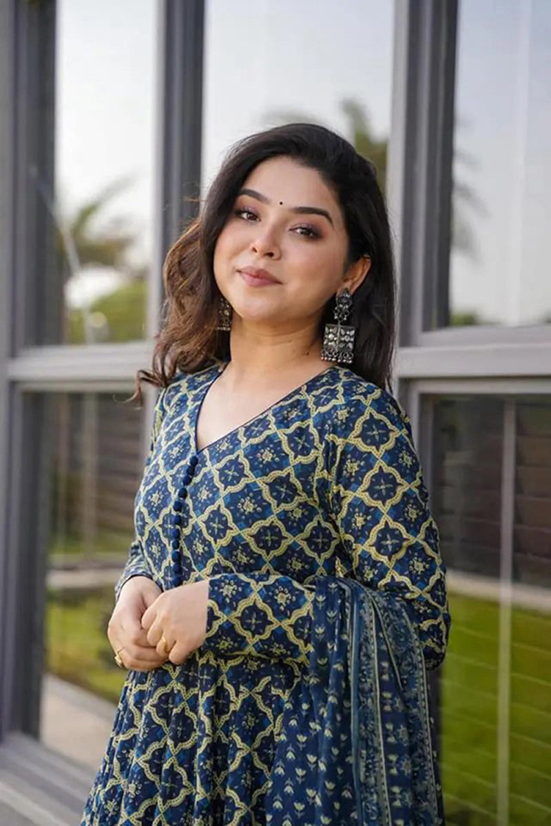 Jyoti Fashion Women's Blue Cotton Silk Heavy Digital Printed Kurta Set