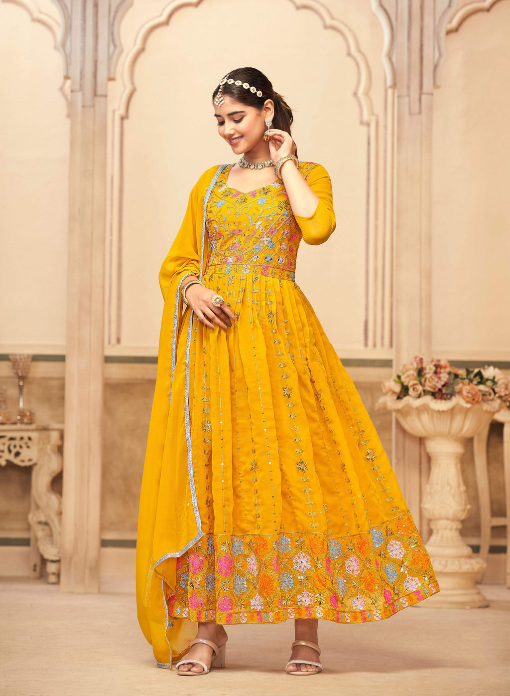 Jyoti Fashion Women's Mustard Faux Georgette Heavy Embroidered Kurta Set