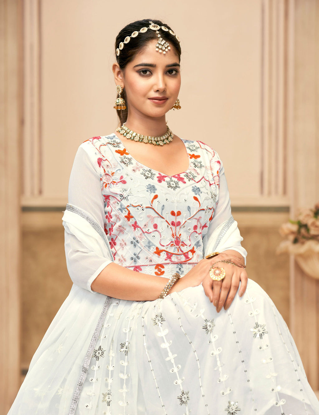 Jyoti Fashion Women's White Faux Georgette Heavy Embroidered Kurta Set