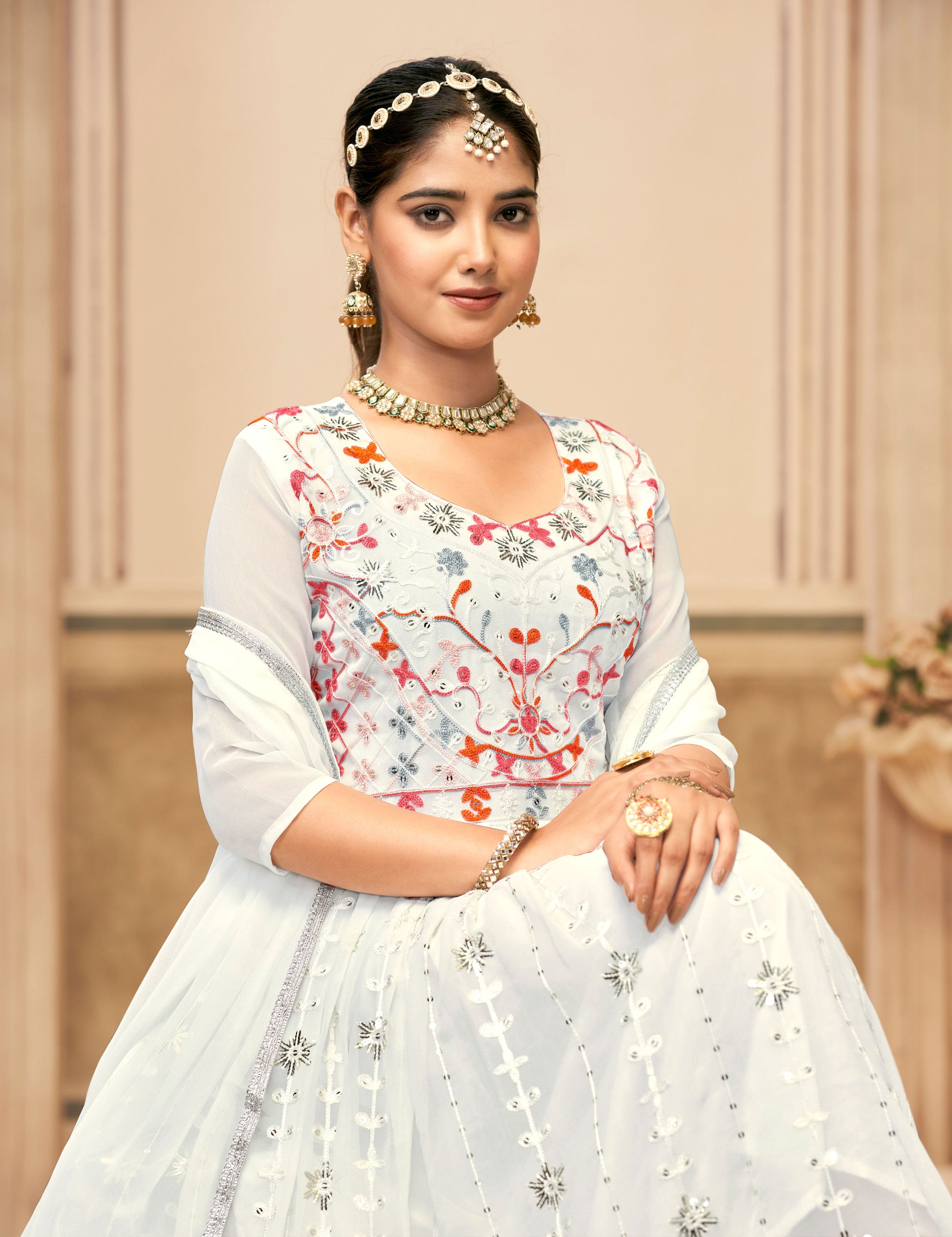 Jyoti Fashion Women's White Faux Georgette Heavy Embroidered Kurta Set