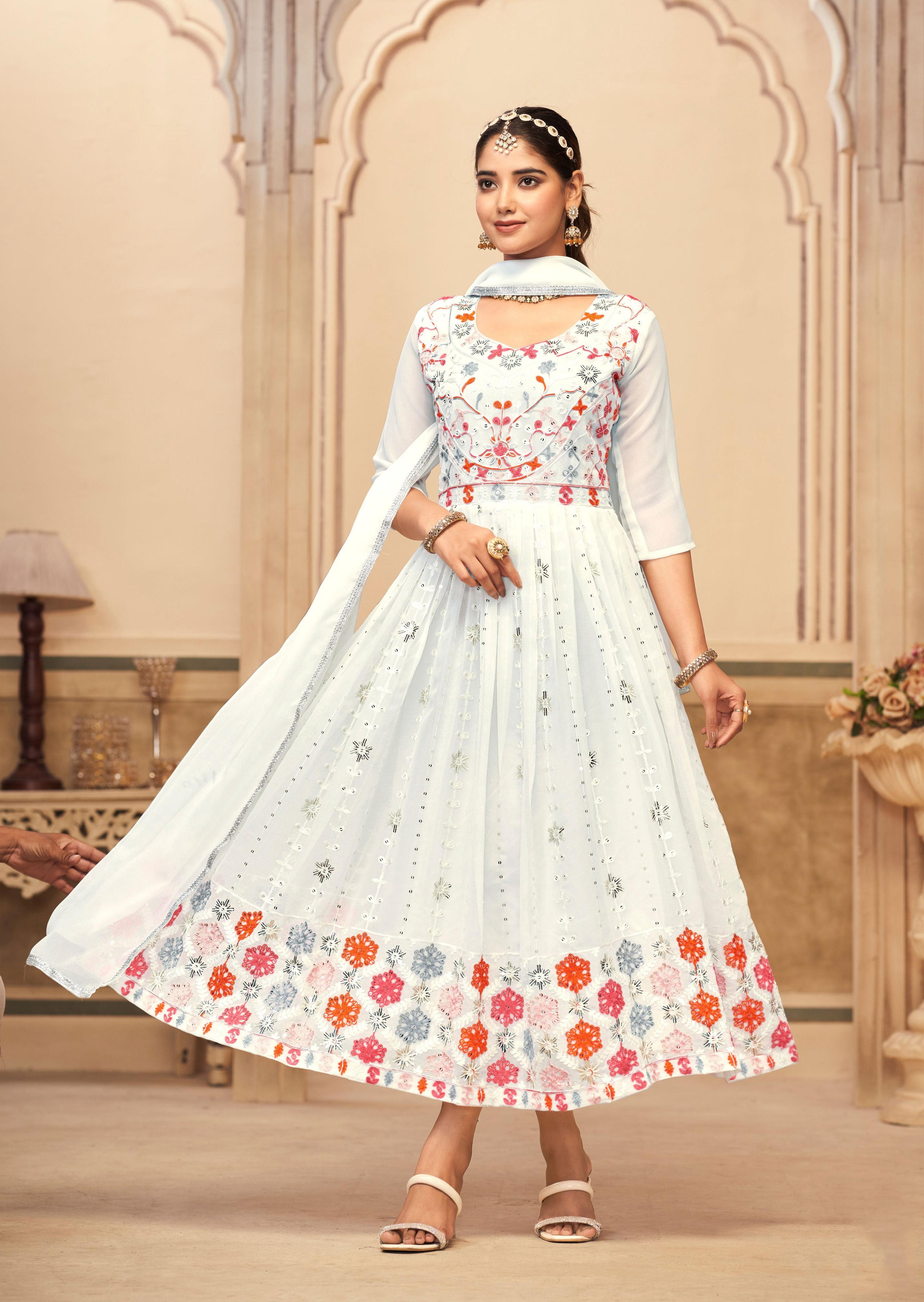 Jyoti Fashion Women's White Faux Georgette Heavy Embroidered Kurta Set