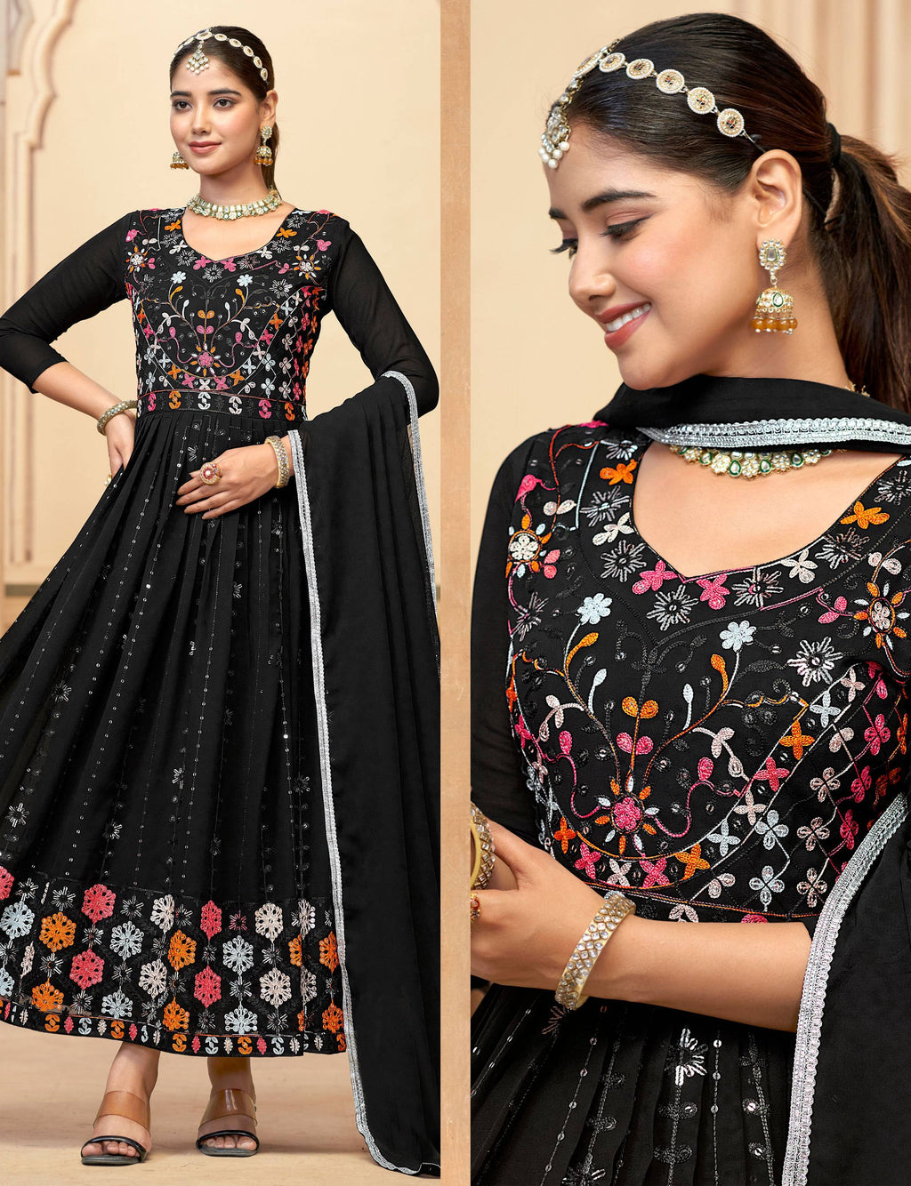 Jyoti Fashion Women's Black Faux Georgette Heavy Embroidered Kurta Set