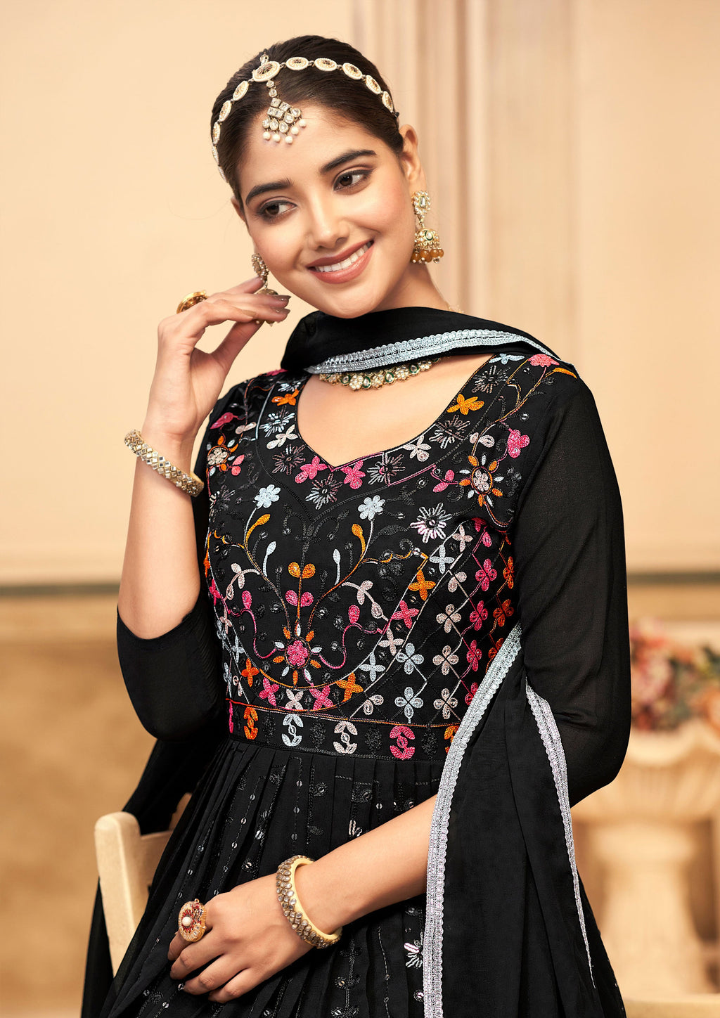 Jyoti Fashion Women's Black Faux Georgette Heavy Embroidered Kurta Set