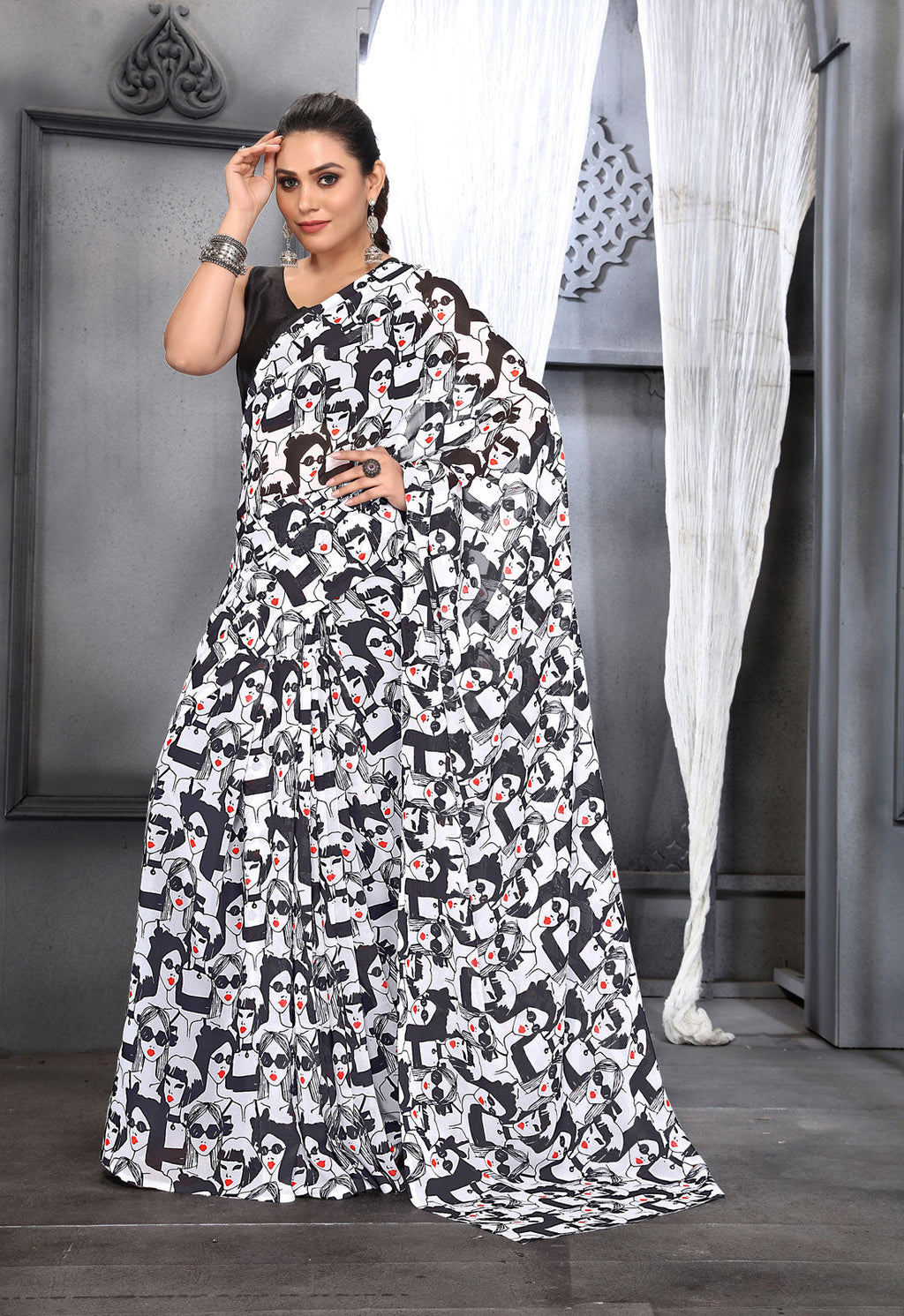 Jyoti Fashion Women's Black Faux Georgette Digital Printed Designer Saree with Blouse
