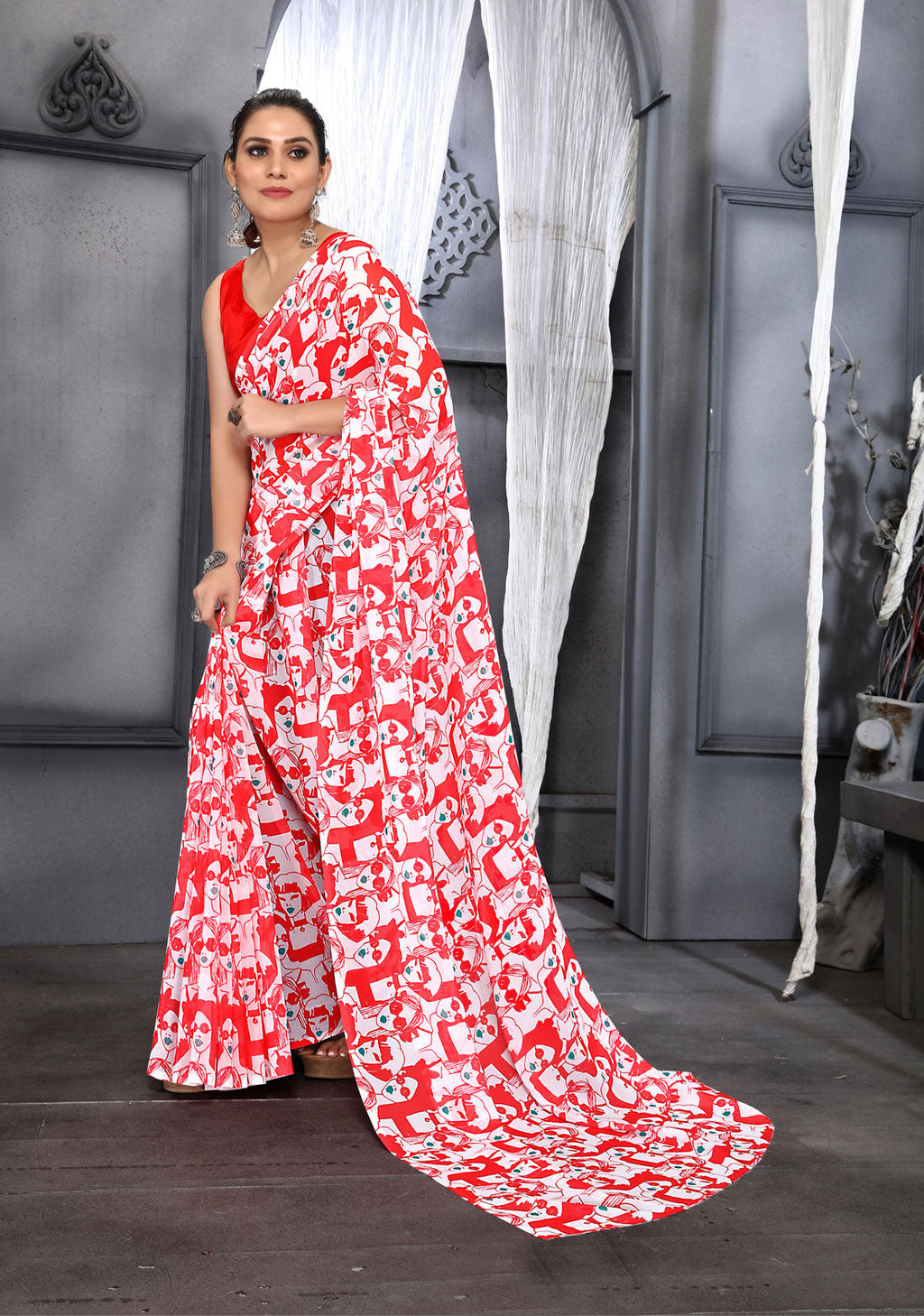 Jyoti Fashion Women's Red Faux Georgette Digital Printed Designer Saree with Blouse