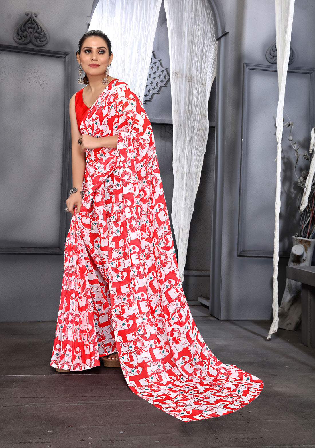 Jyoti Fashion Women's Red Faux Georgette Digital Printed Designer Saree with Blouse