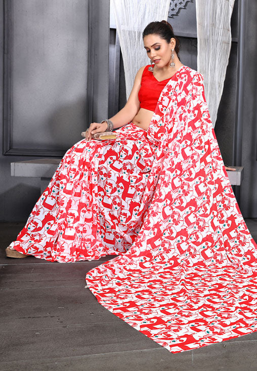 Jyoti Fashion Women's Red Faux Georgette Digital Printed Designer Saree with Blouse