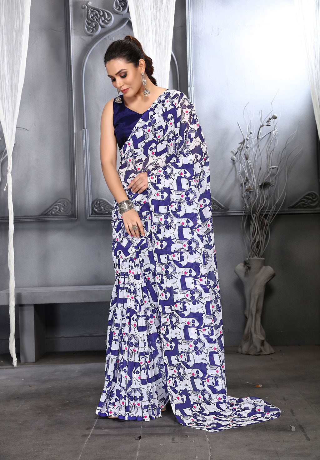 Jyoti Fashion Women's Navy Blue Faux Georgette Digital Printed Designer Saree with Blouse
