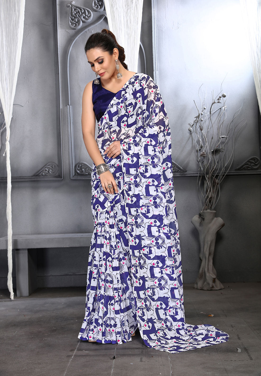 Jyoti Fashion Women's Navy Blue Faux Georgette Digital Printed Designer Saree with Blouse