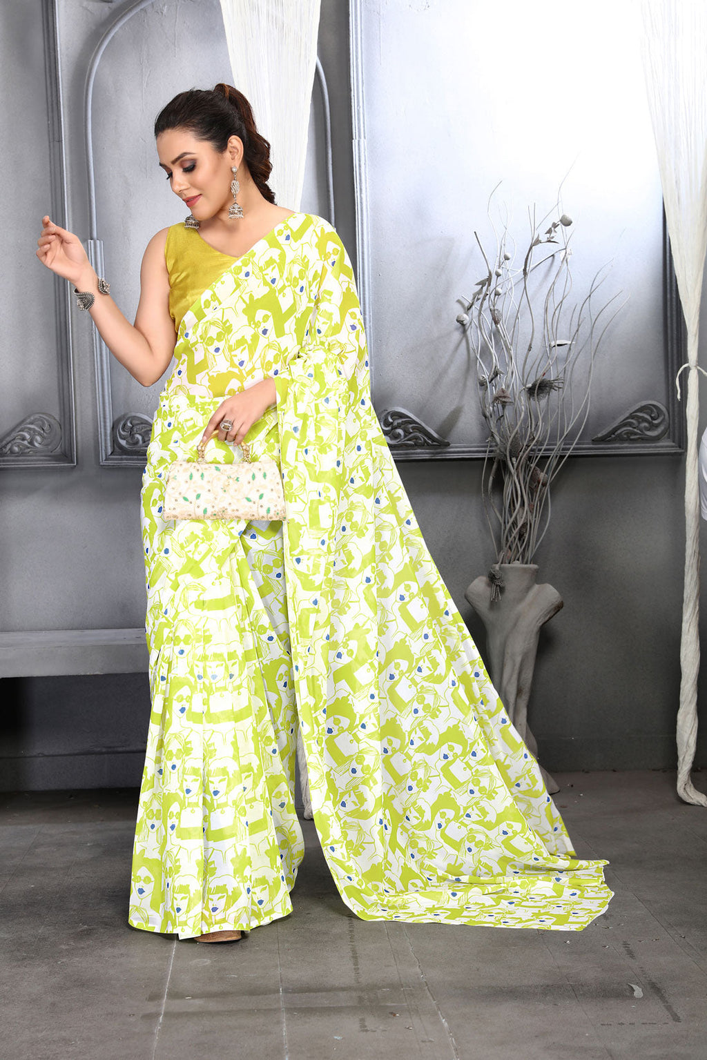 Jyoti Fashion Women's Lemon Yellow Faux Georgette Digital Printed Designer Saree with Blouse