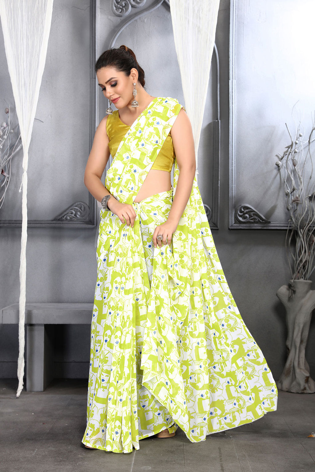 Jyoti Fashion Women's Lemon Yellow Faux Georgette Digital Printed Designer Saree with Blouse
