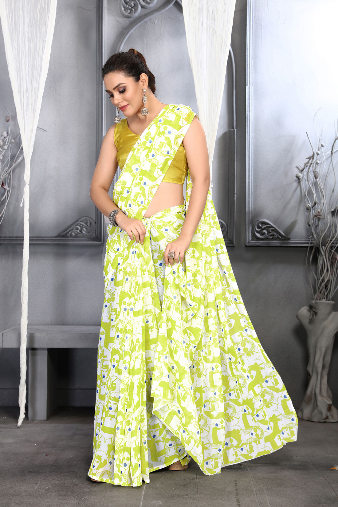 Jyoti Fashion Women's Lemon Yellow Faux Georgette Digital Printed Designer Saree with Blouse