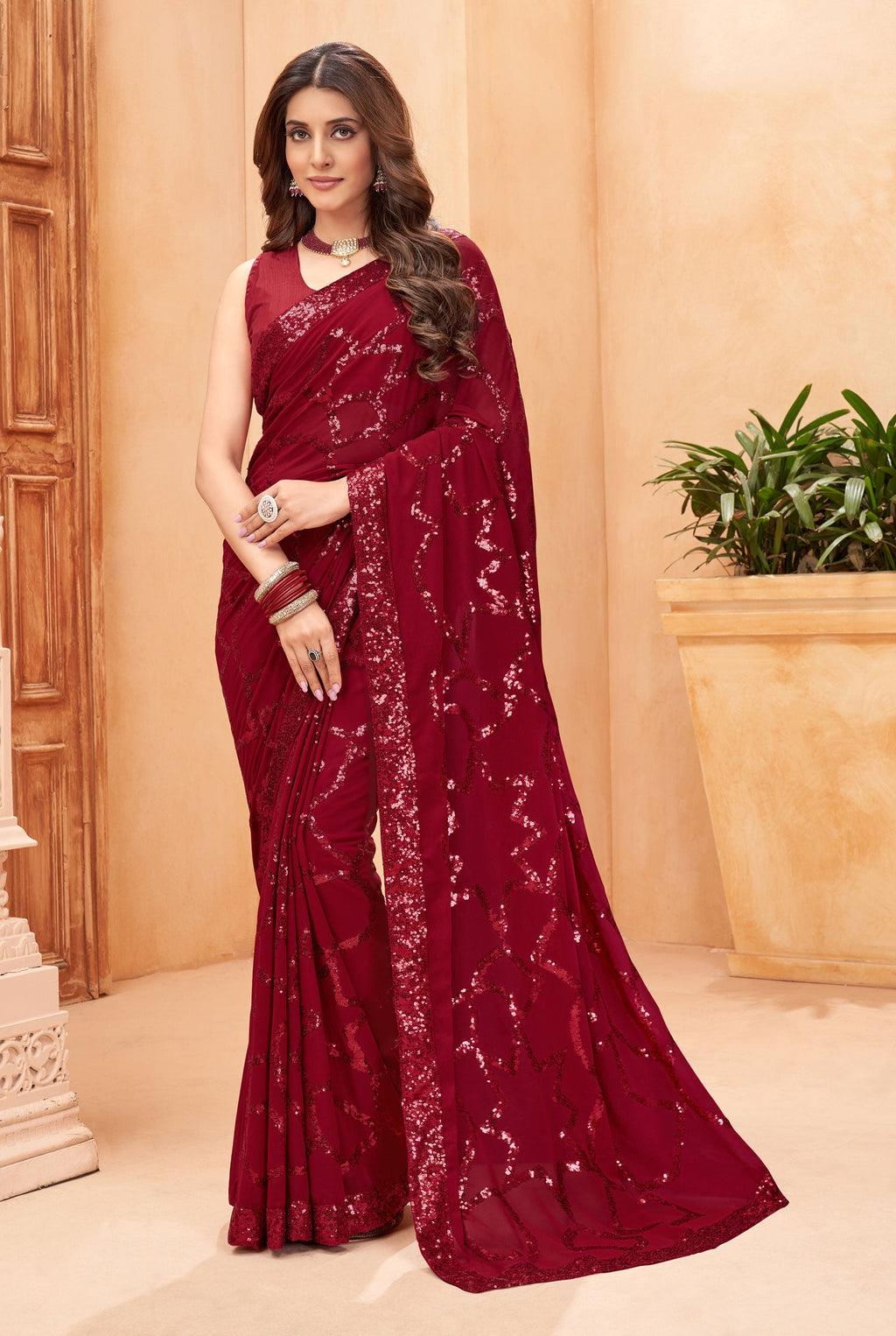 Jyoti Fashion Women's Maroon Faux Blooming Sequins Work Designer Saree with Blouse
