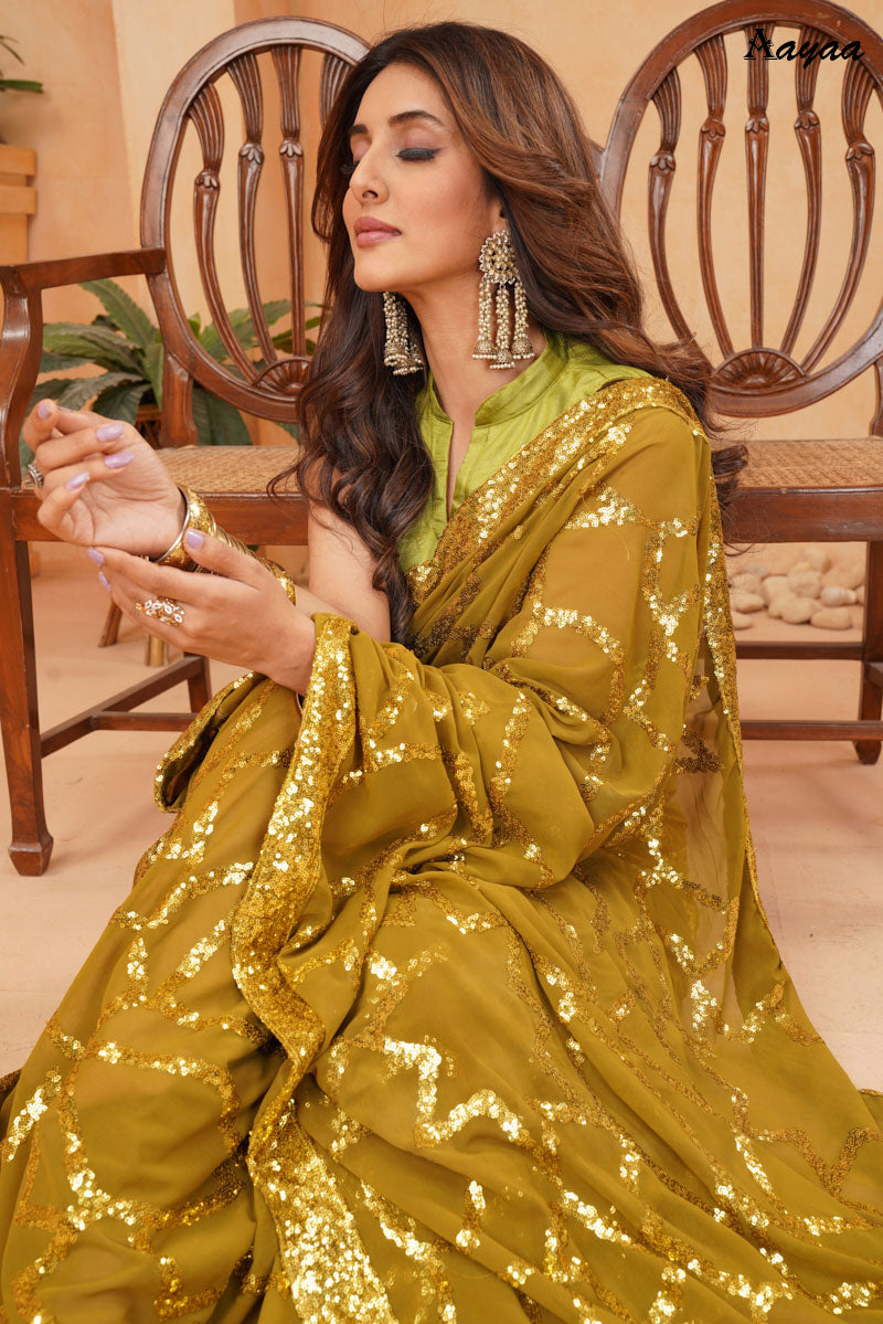 Jyoti Fashion Women's Olive Green Faux Blooming Sequins Work Designer Saree with Blouse