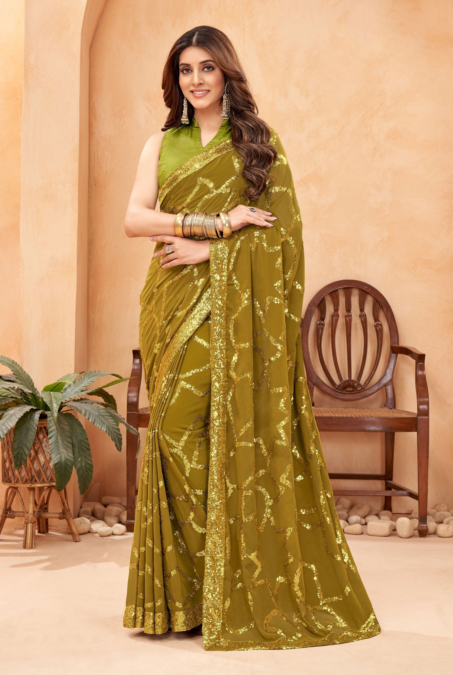 Jyoti Fashion Women's Olive Green Faux Blooming Sequins Work Designer Saree with Blouse