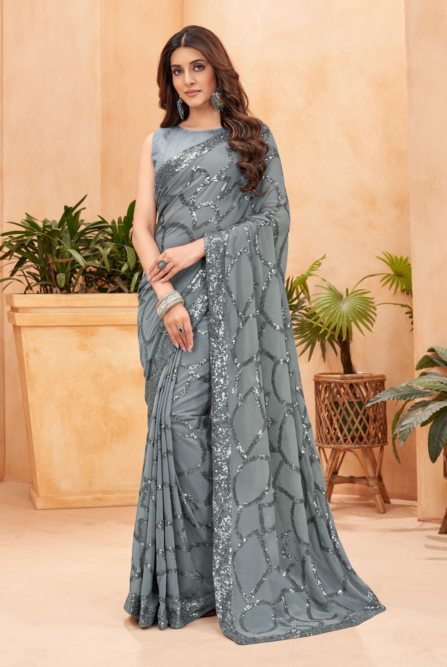 Jyoti Fashion Women's Grey Faux Blooming Sequins Work Designer Saree with Blouse