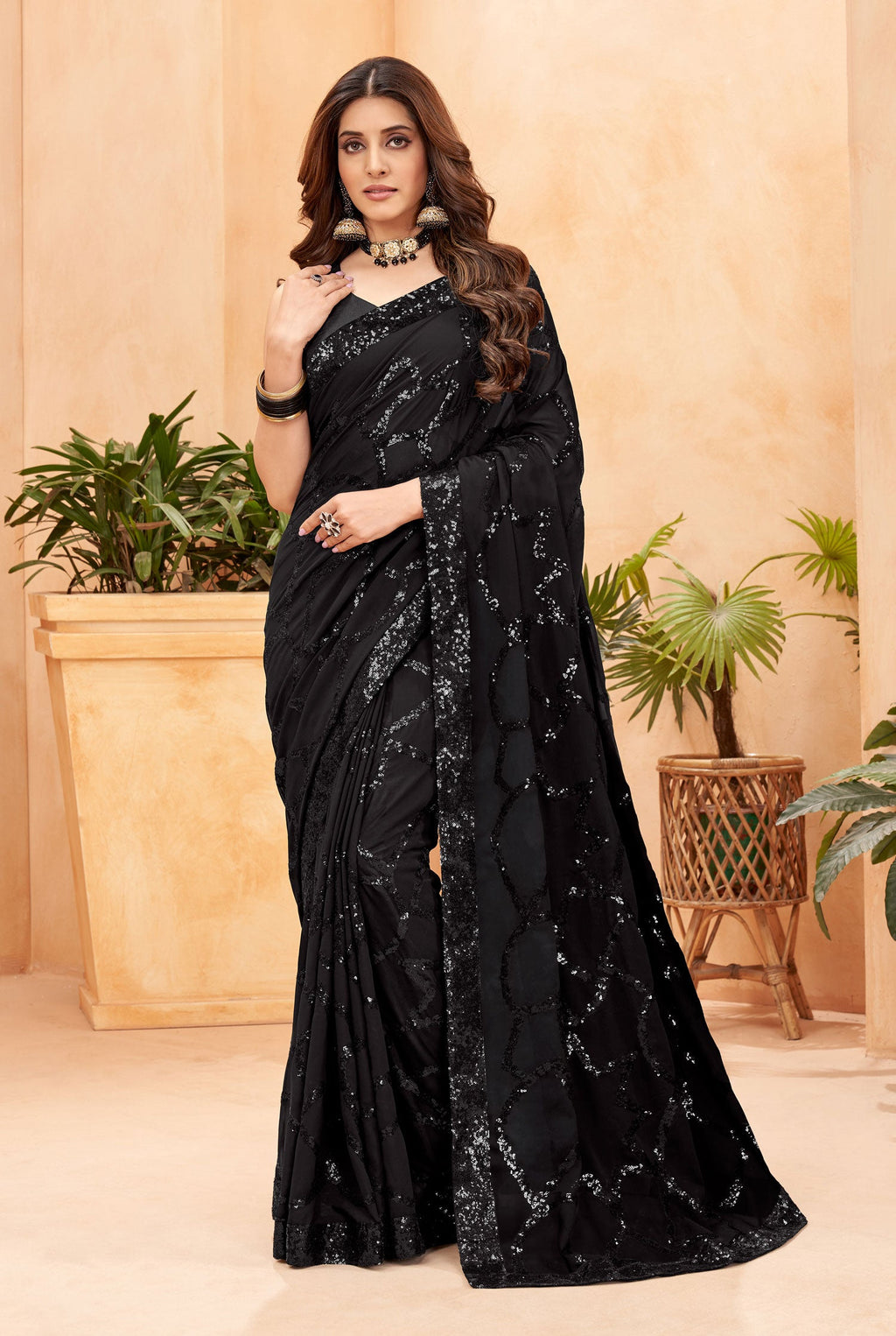 Jyoti Fashion Women's Black Faux Blooming Sequins Work Designer Saree with Blouse