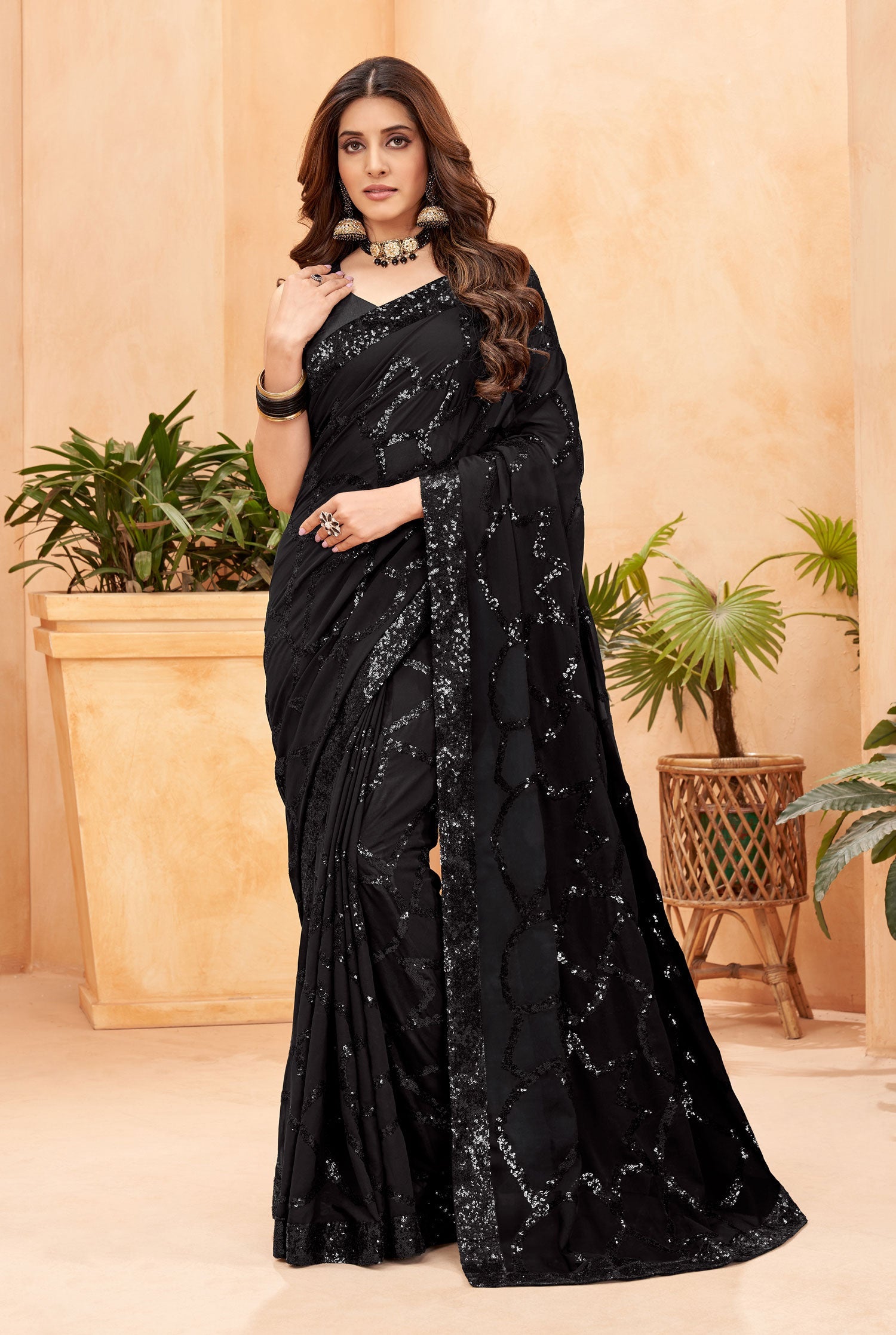 Jyoti Fashion Women's Black Faux Blooming Sequins Work Designer Saree with Blouse