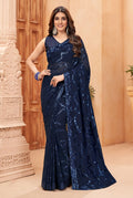 Jyoti Fashion Women's Navy Blue Faux Blooming Sequins Work Designer Saree with Blouse