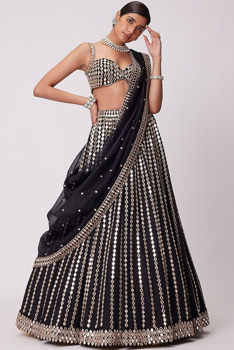 Jyoti Fashion Women's Black Organza Silk Paper Mirror with Zari Embroidered Lehenga Choli with Dupatta