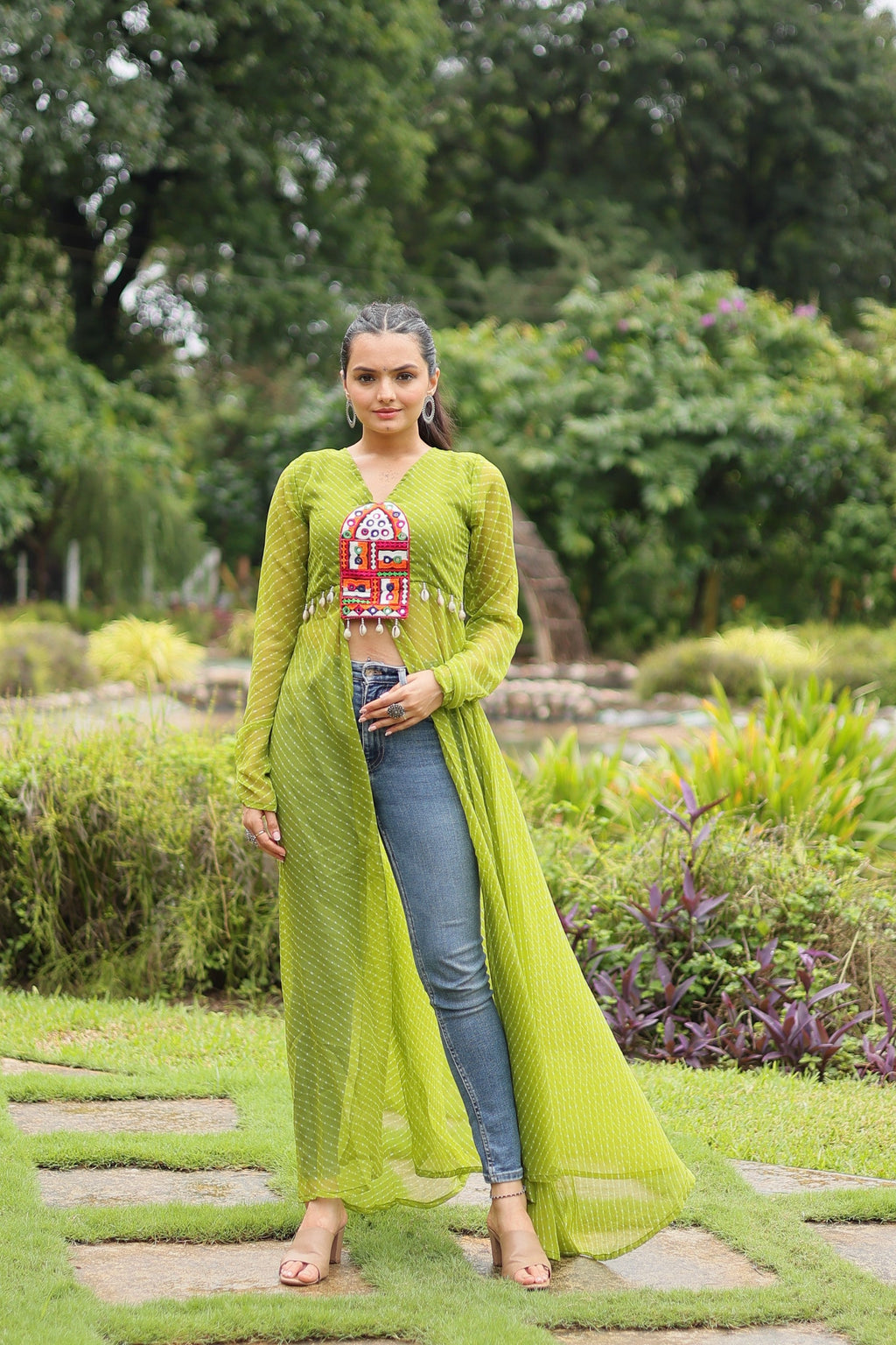 Jyoti Fashion Women's Green Faux Georgette Leheriya Print with Kutchi Patchwork Ethnic Kurta