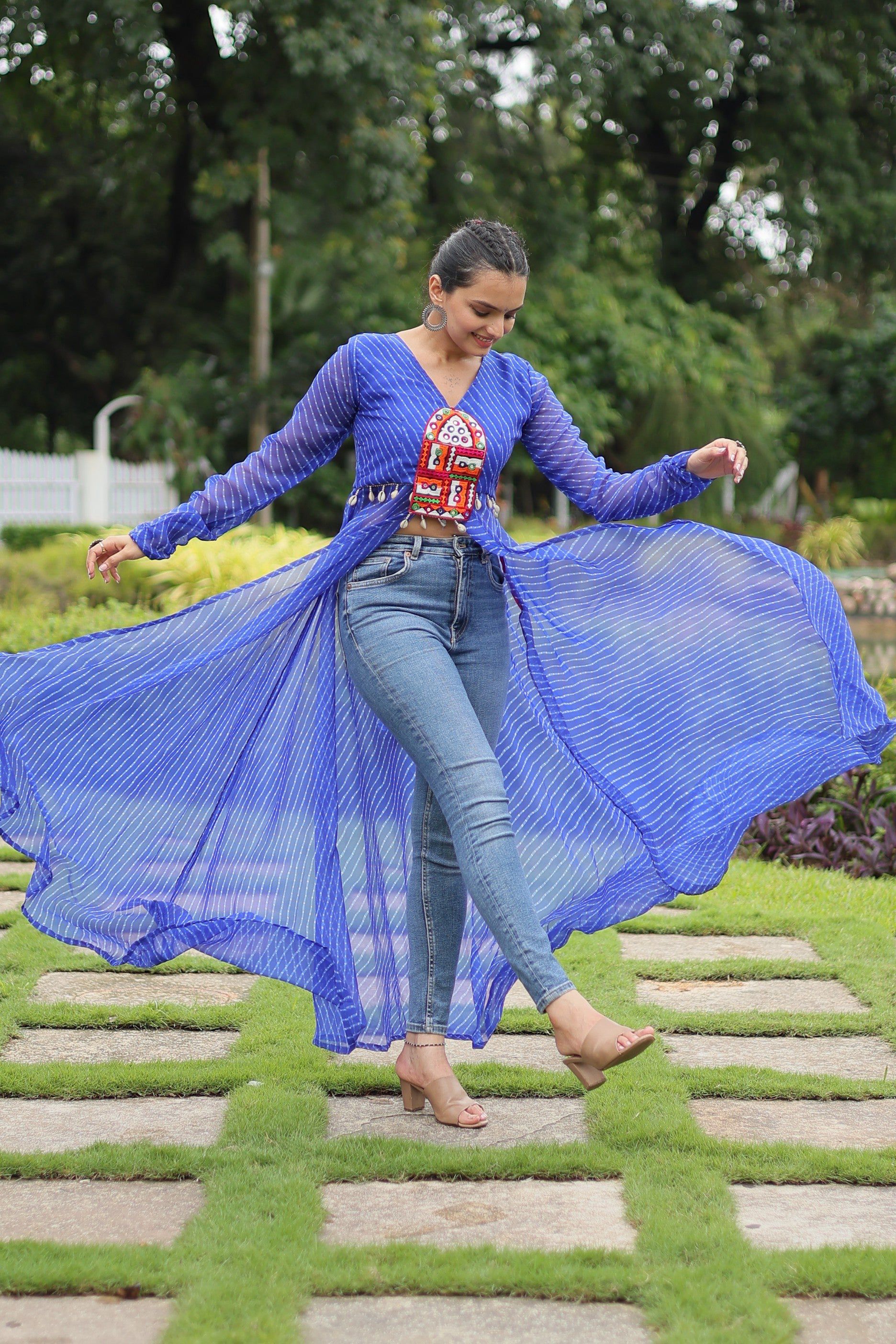 Jyoti Fashion Women's Blue Faux Georgette Leheriya Print with Kutchi Patchwork Ethnic Kurta
