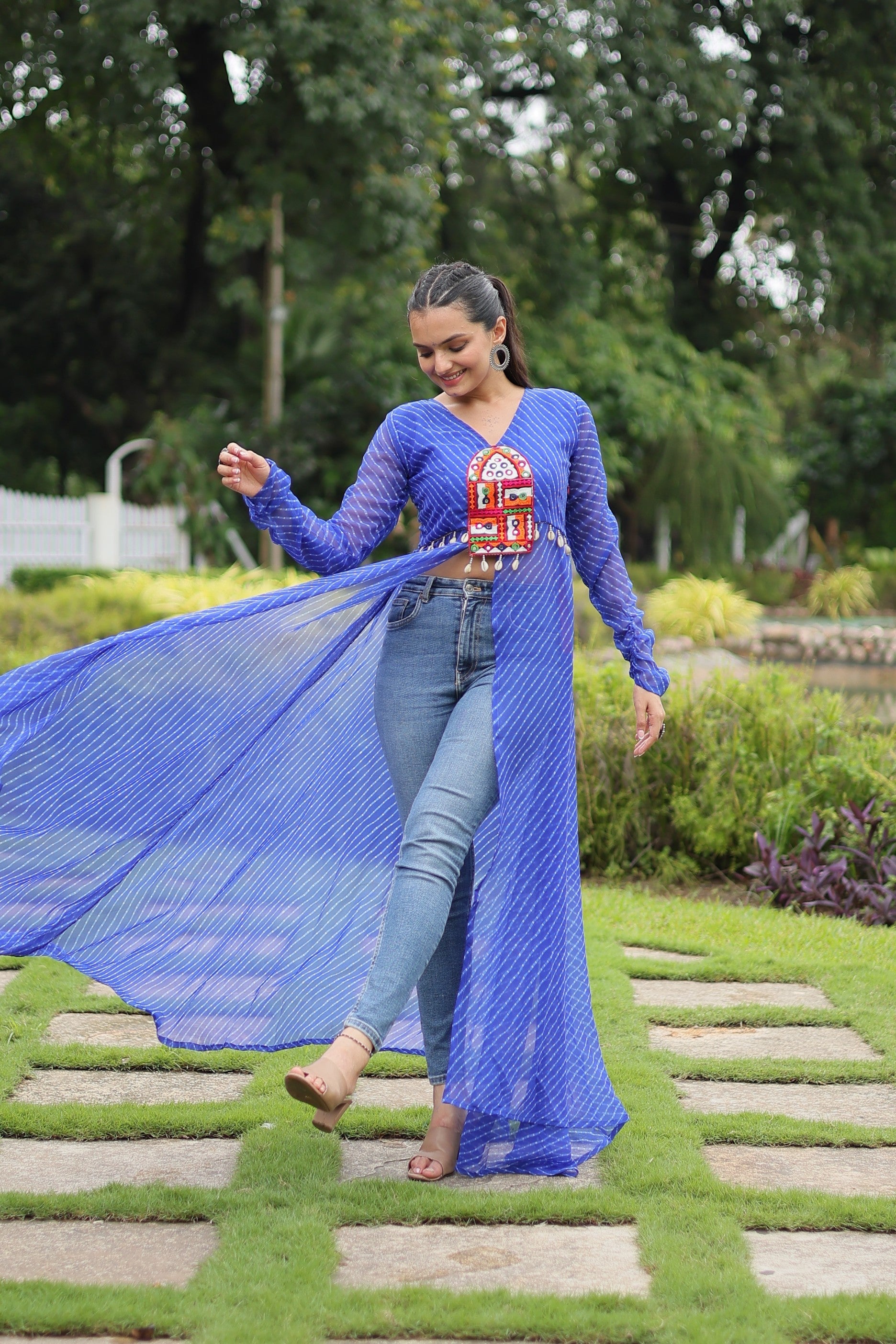 Jyoti Fashion Women's Blue Faux Georgette Leheriya Print with Kutchi Patchwork Ethnic Kurta